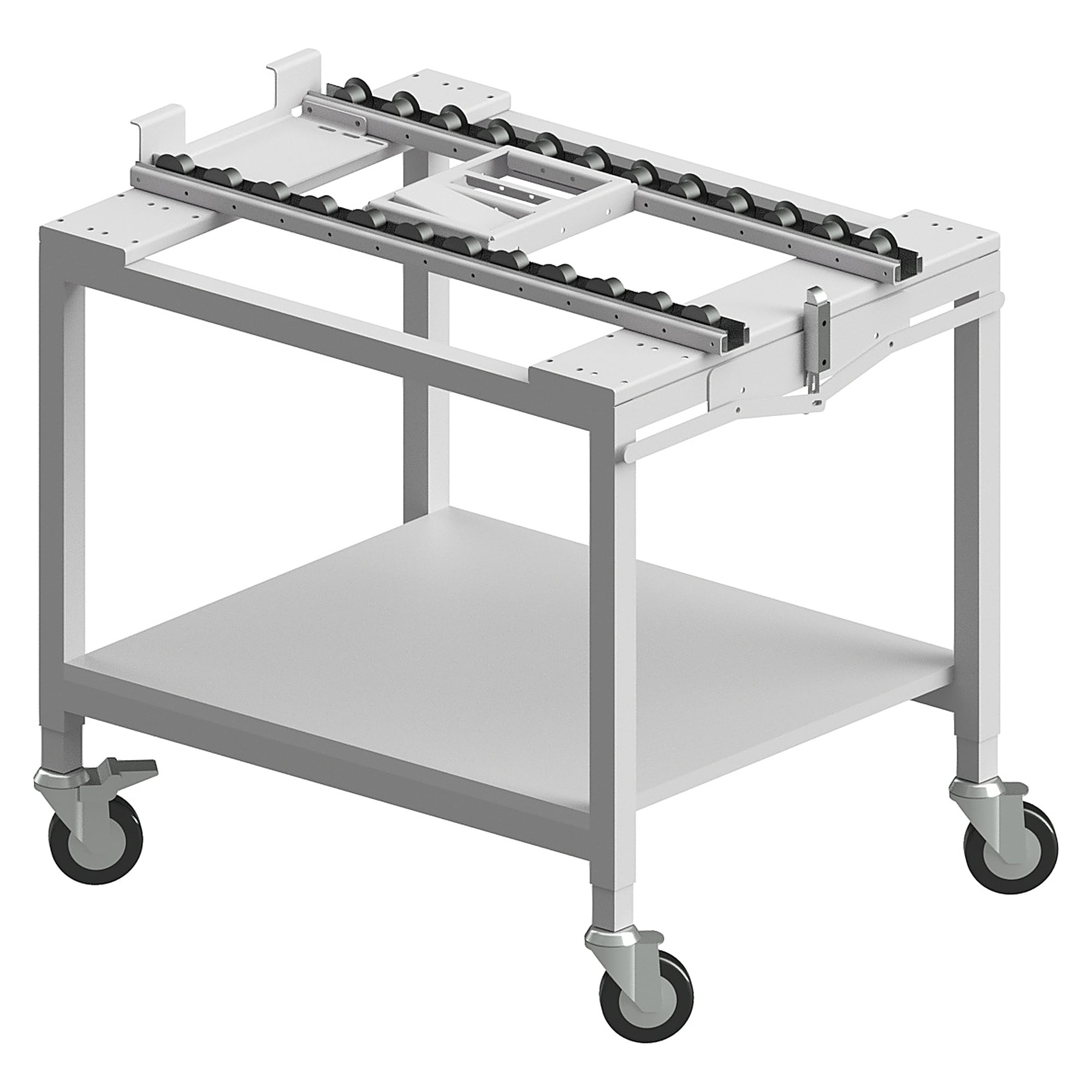 Transport trolley for workpiece carriers with flanged roller strips, track width 300 mm