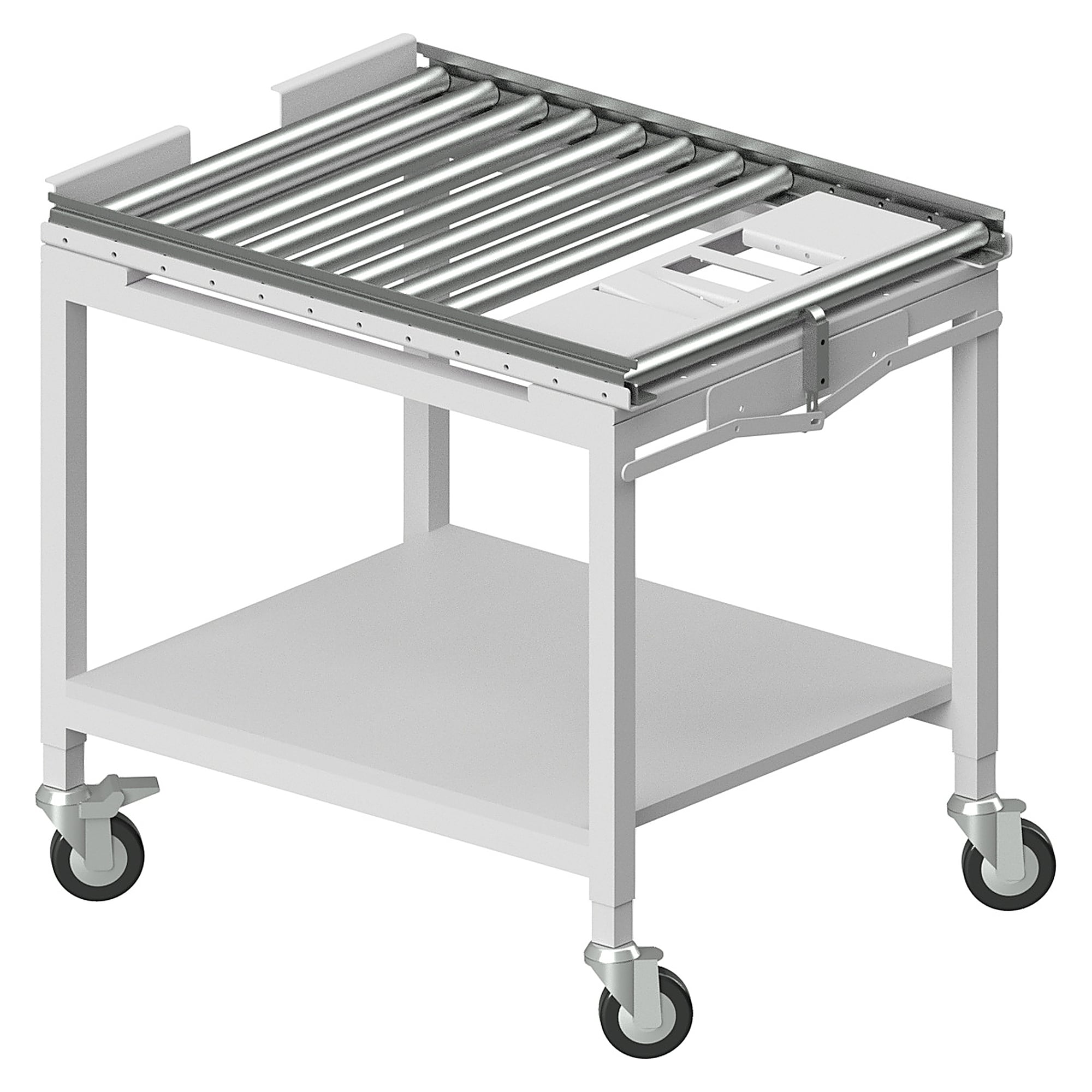 Chariot de transport pour supports de pièces avec convoyeur à rouleaux, écartement 600 mm