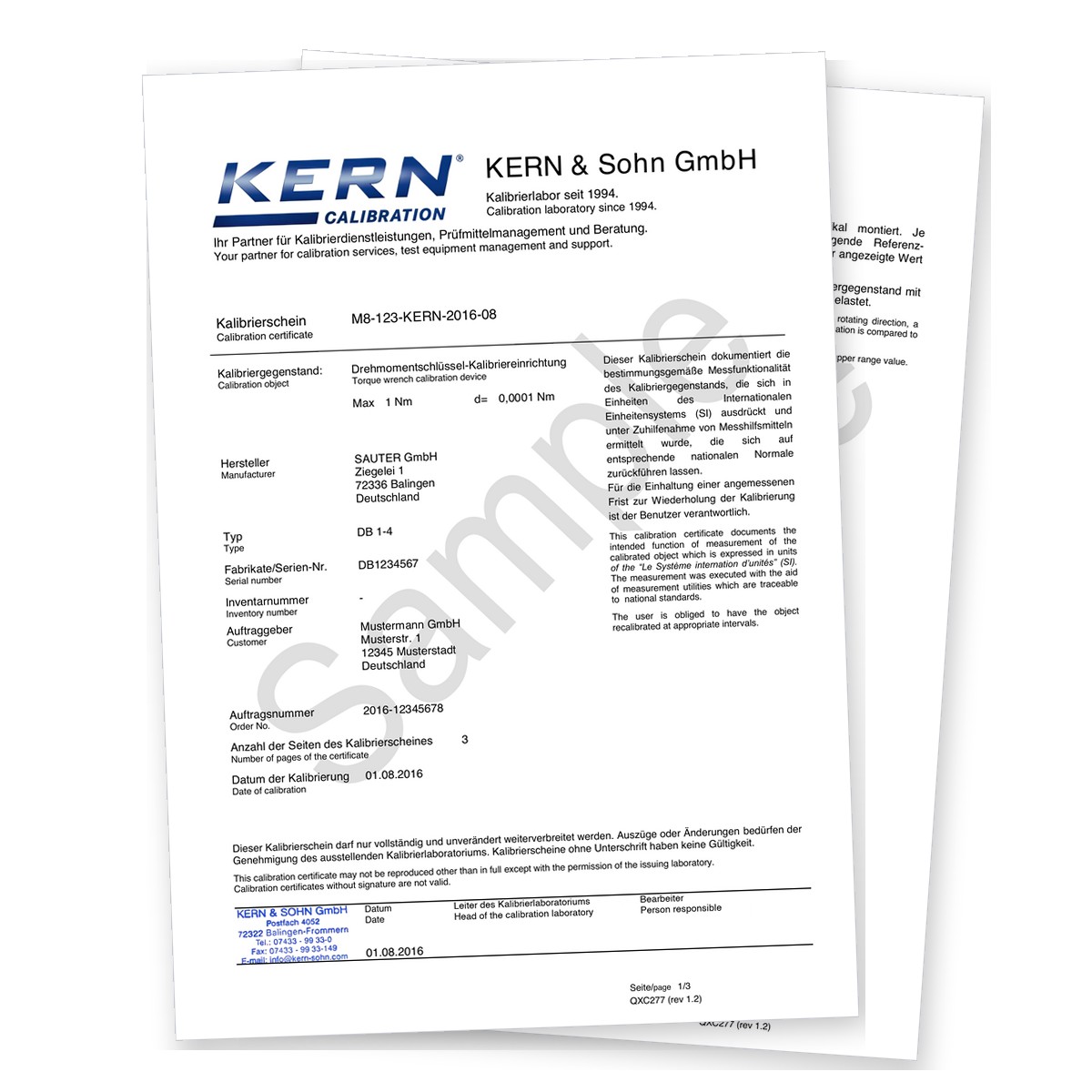 Factory calibration certificate for SAUTER torque meters DA and DB - KERN 961-120