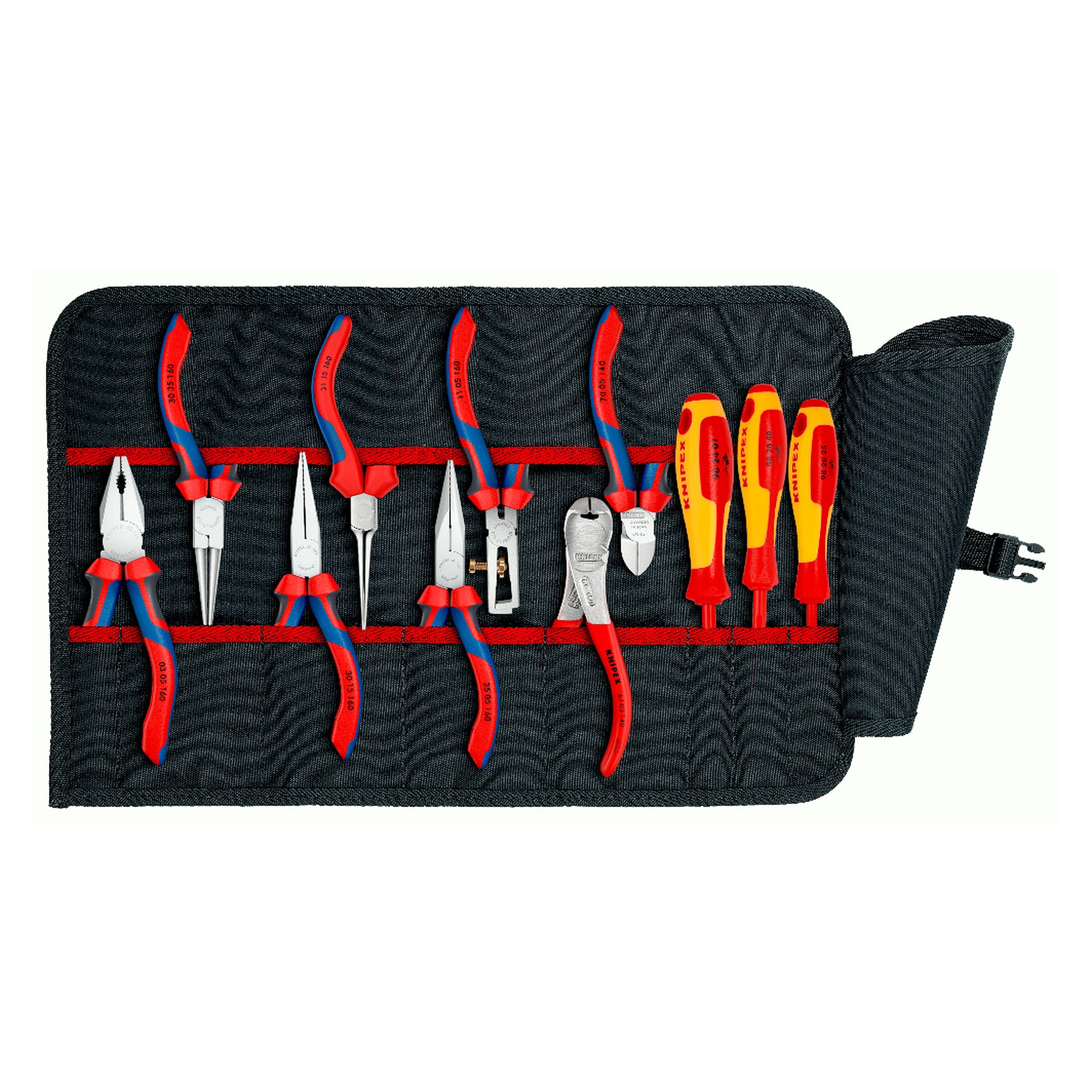 11-piece tool roll for telecommunications and electrical work, 8 pliers and 3 VDE screwdrivers