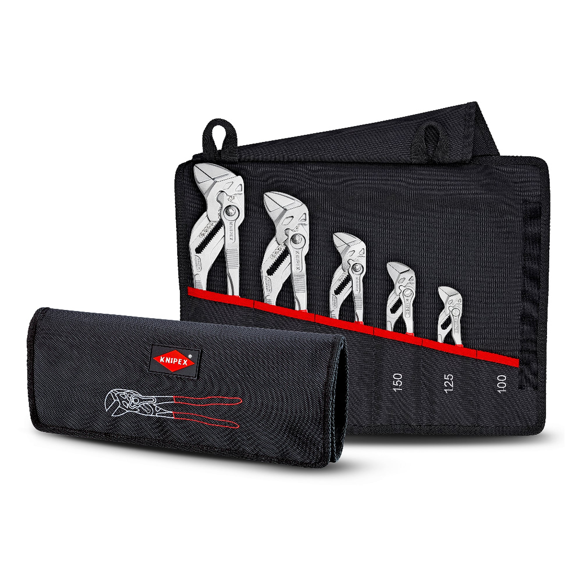 Jeu de pinces-clés 5 pièces en trousse à enrouler, longueurs 125 à 300 mm