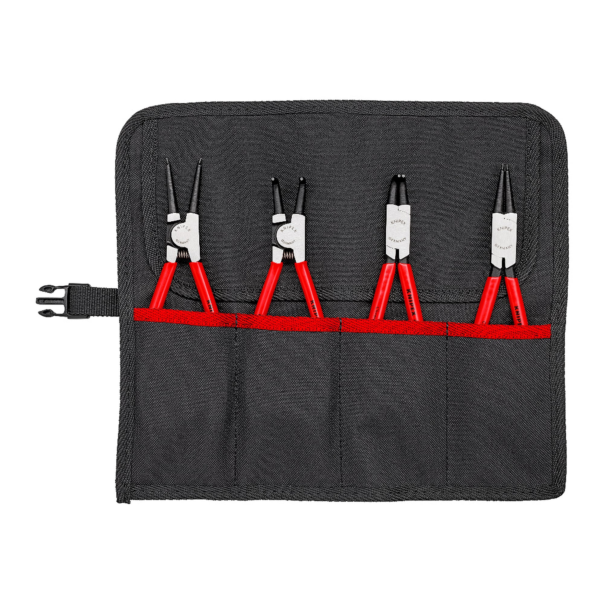Set of circlip pliers, 4 pieces for internal and external circlips, tool roll 315 x 275 mm