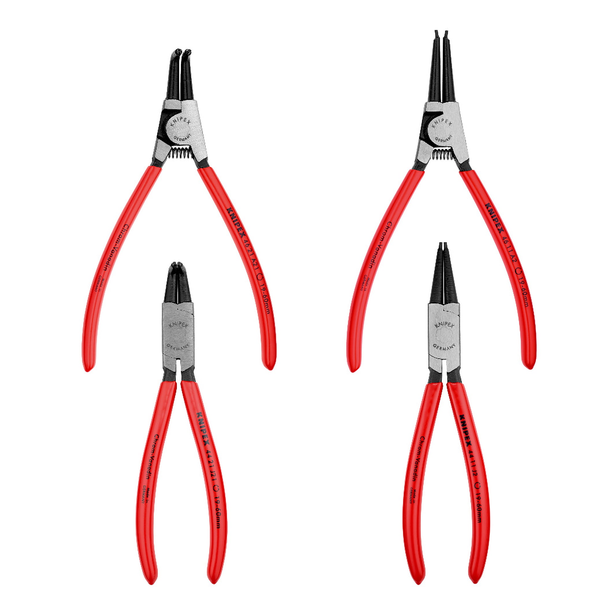 Set of circlip pliers, 4 pieces for internal and external circlips, tool roll 315 x 275 mm