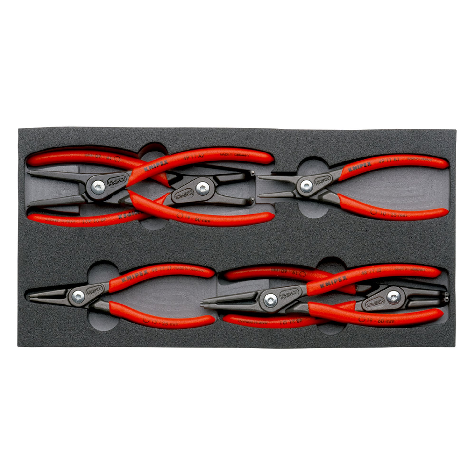 Precision circlip pliers set, 6 pieces for internal and external circlips, foam tray 335 x 165 mm