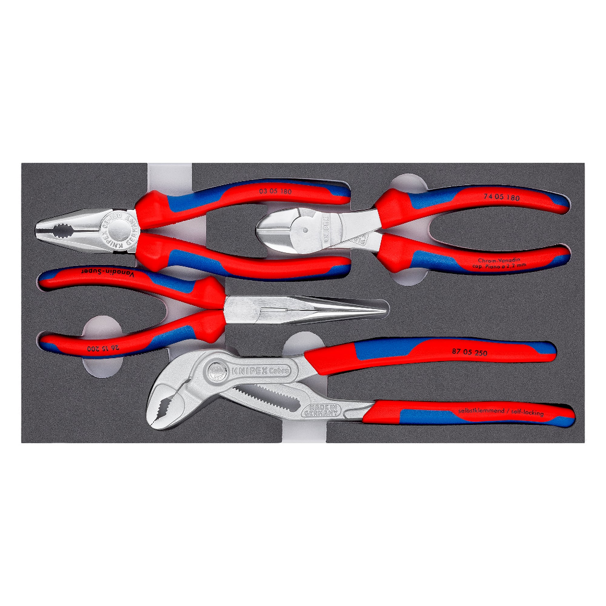 Jeu de pinces Basic Chrome, 4 pinces sur plateau en mousse 335 x 165 mm