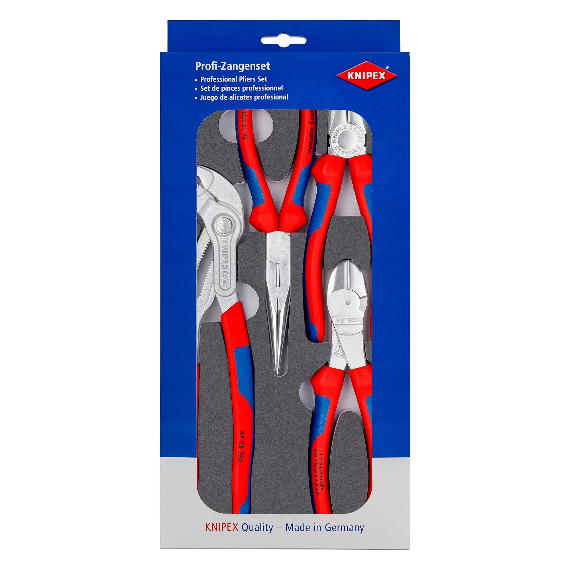 Jeu de pinces Basic Chrome, 4 pinces sur plateau en mousse 335 x 165 mm