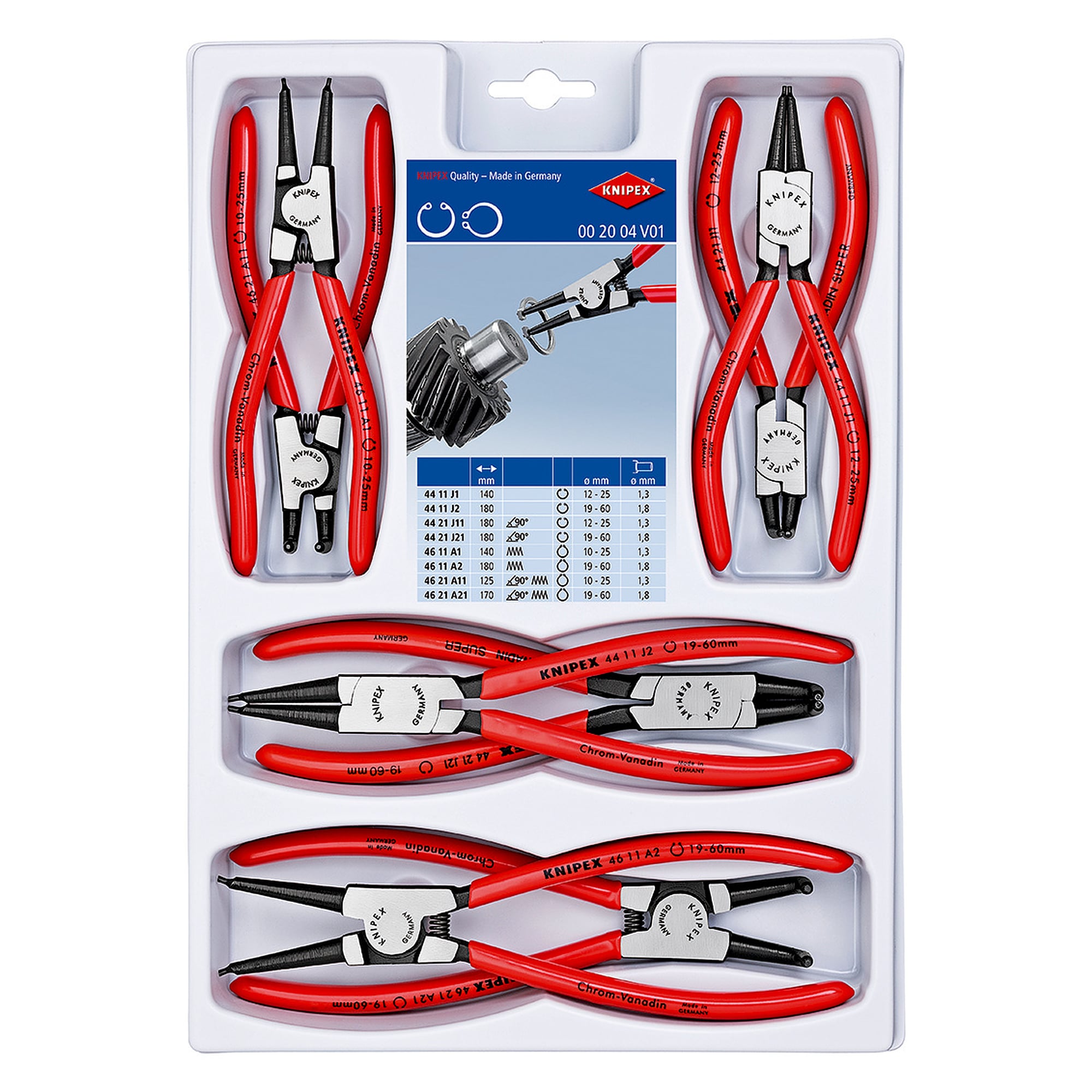 Circlip pliers set, 8 pieces for internal and external circlips