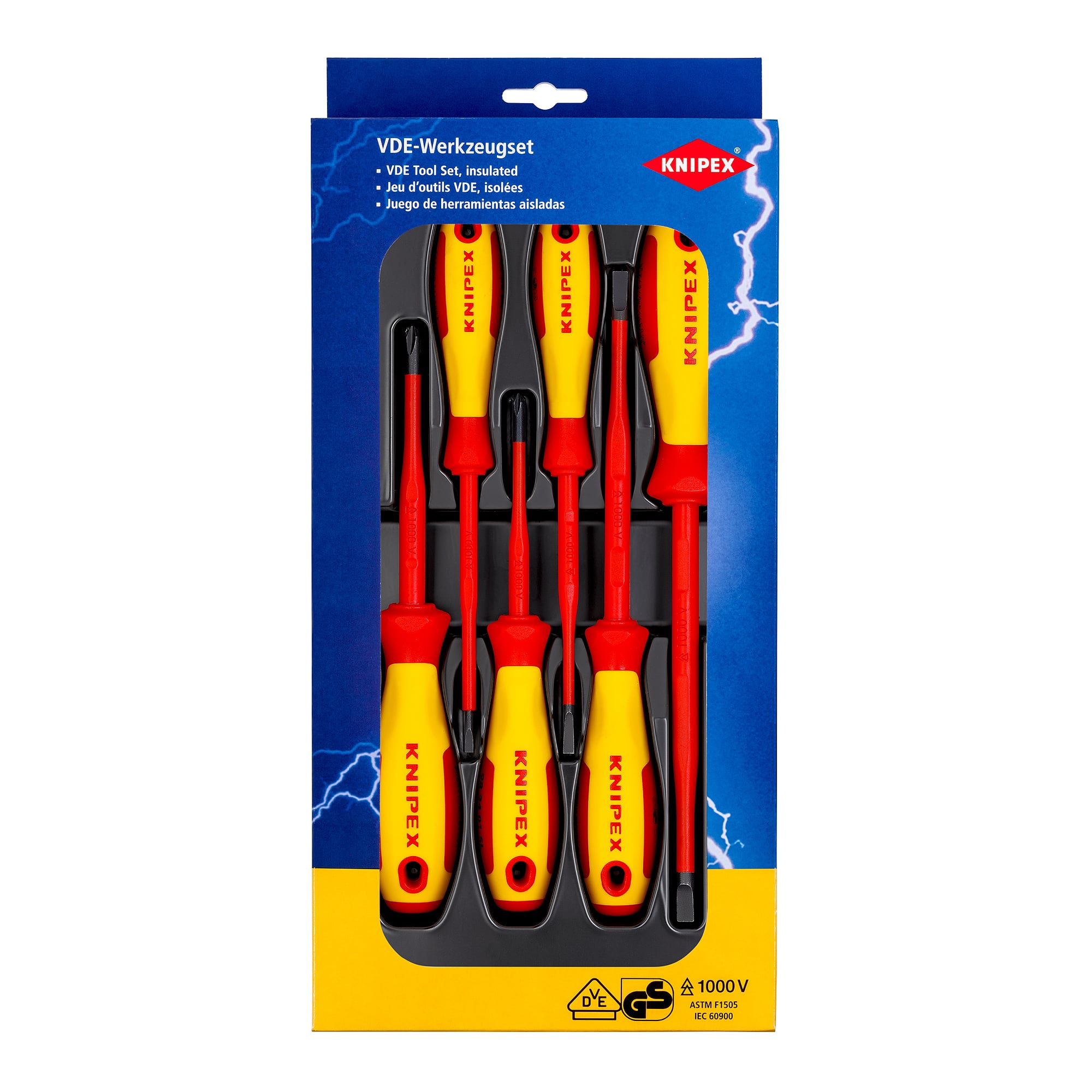 Jeu de tournevis VDE fente et Phillips®, 6 pièces, pointes brunies, poignées multicomposants isolantes, 550 g