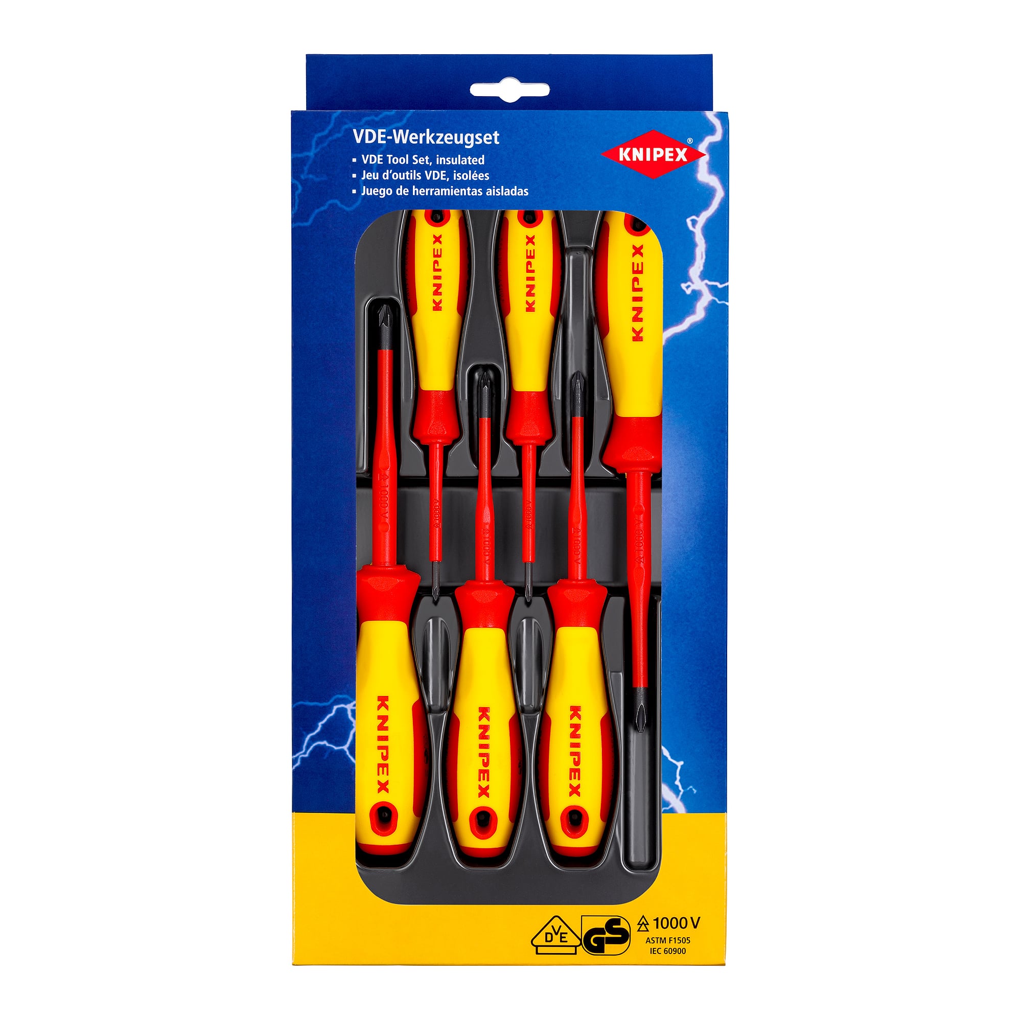 Jeu de tournevis VDE Phillips® et Pozidriv®, 6 pièces, pointes brunies, poignées multicomposants isolantes, 500 g
