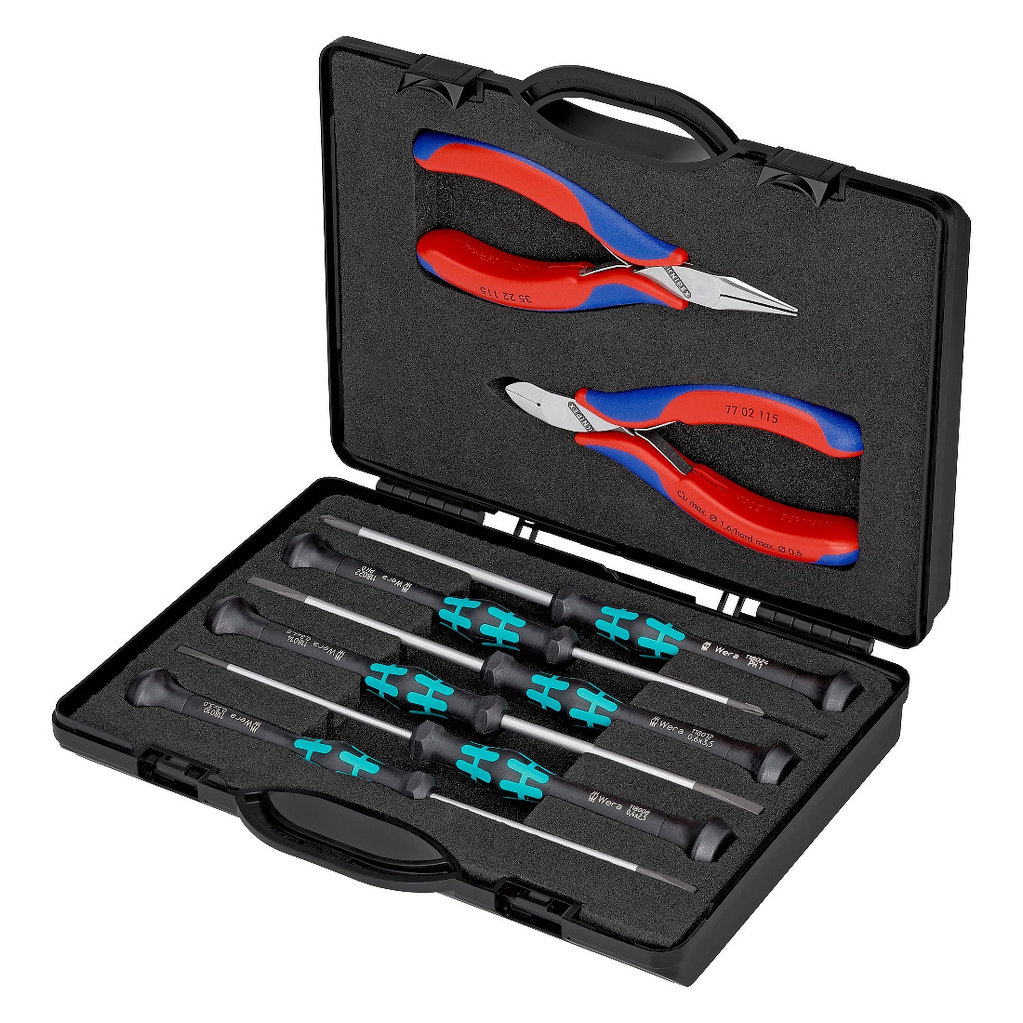 Jeu de pinces électroniques 8 pièces, deux pinces et six tournevis en coffret, 215 mm