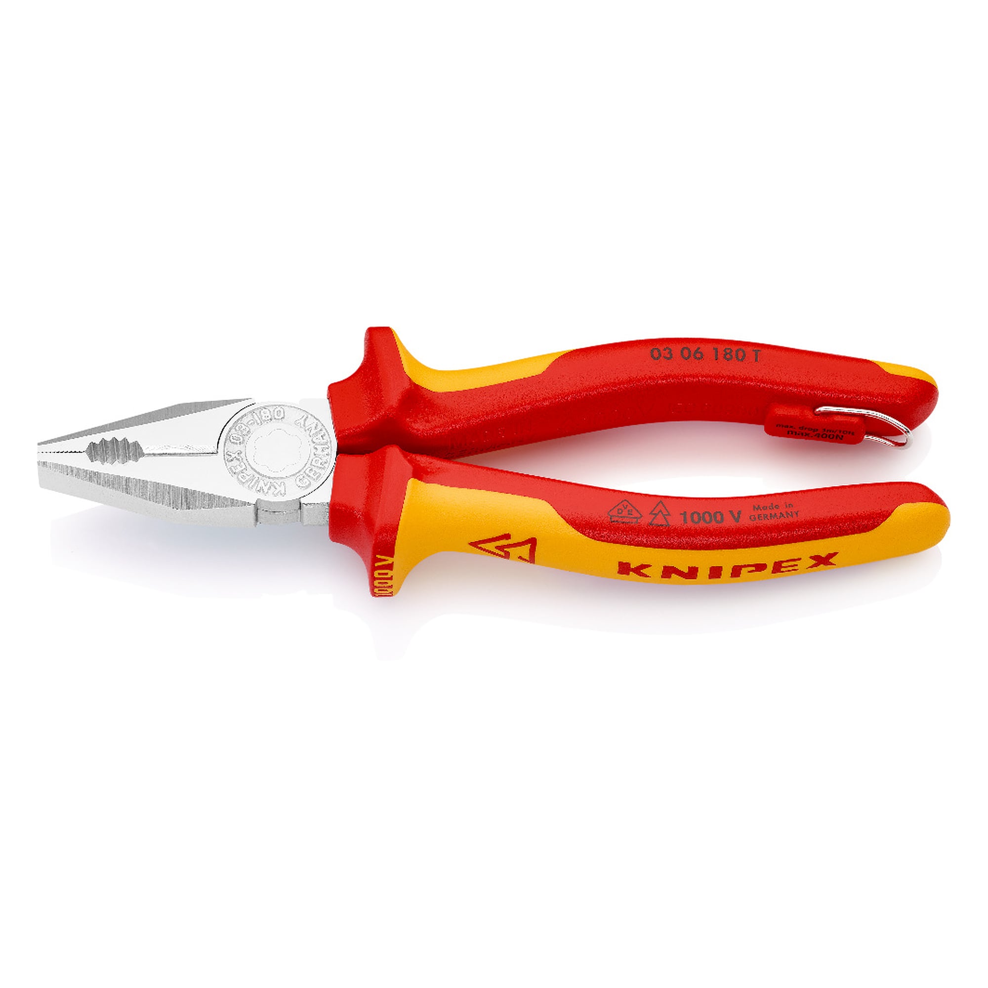 VDE insulated combination pliers with tether attachment point, 180 mm