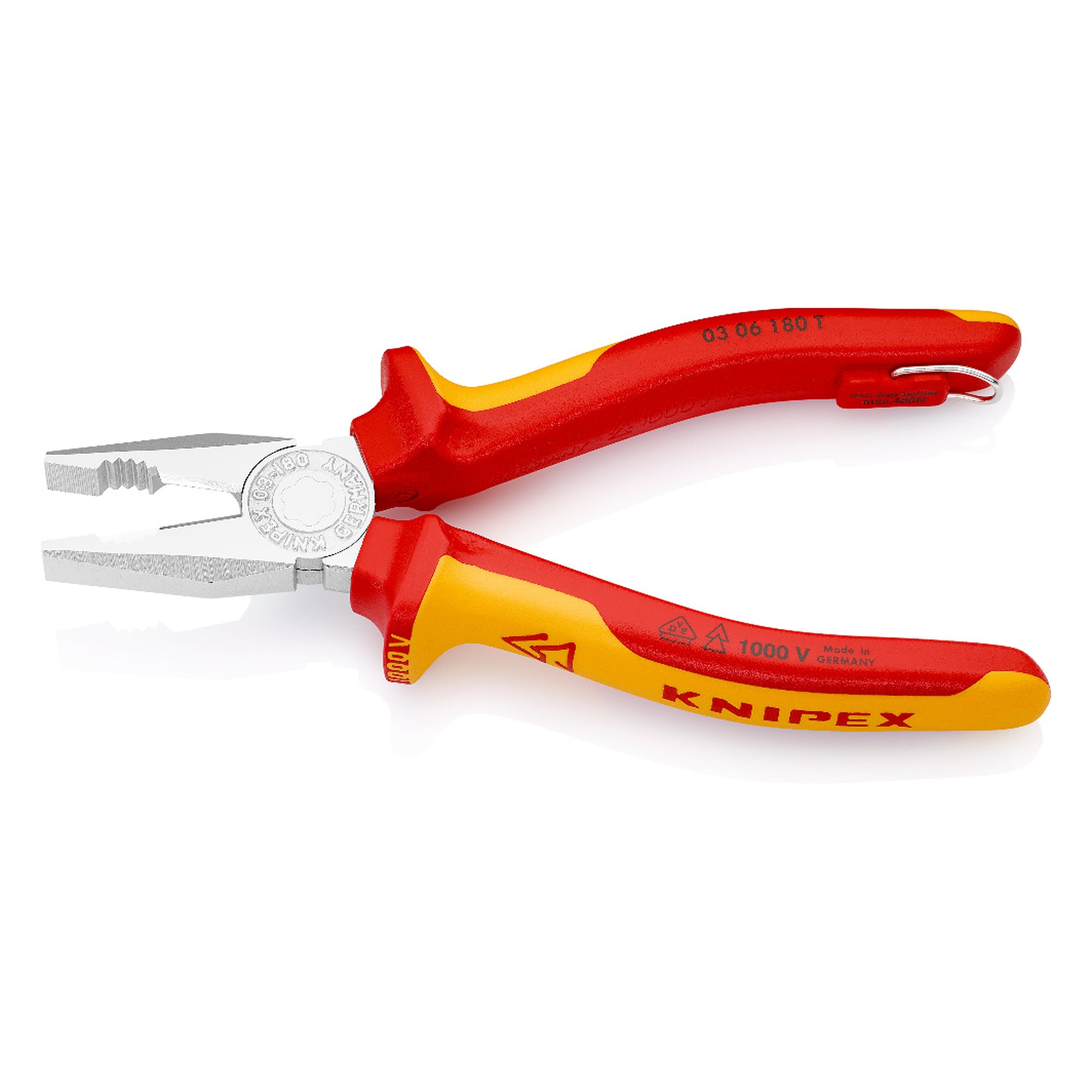 VDE insulated combination pliers with tether attachment point, 180 mm