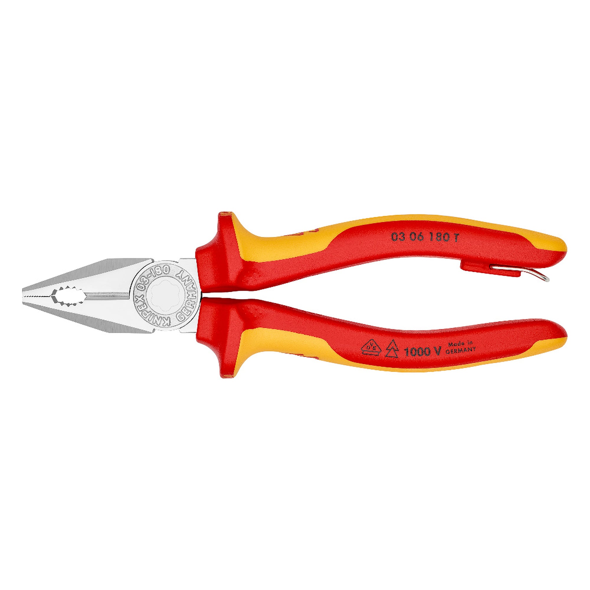 VDE insulated combination pliers with tether attachment point, 180 mm