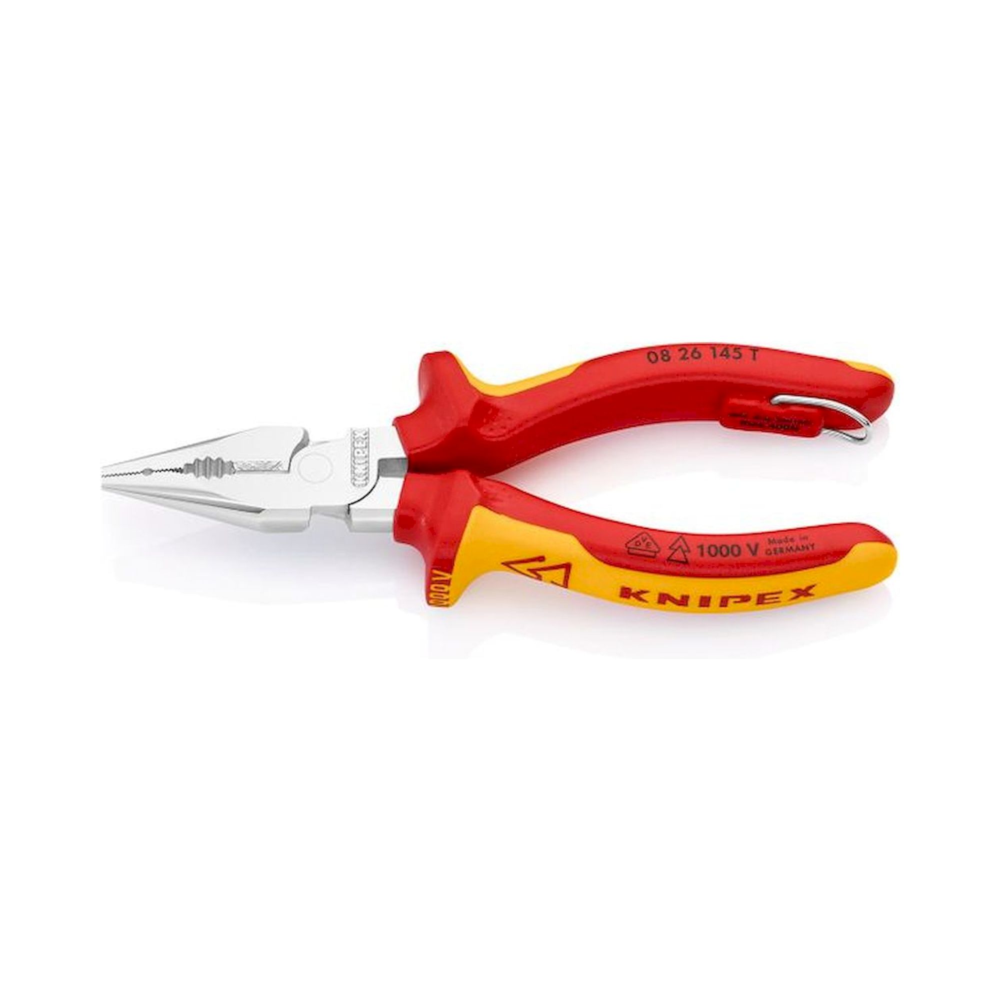 Knipex 08 26 145 T. Pointed combination pliers, chrome-plated, insulated, fixing eye, 145 mm
