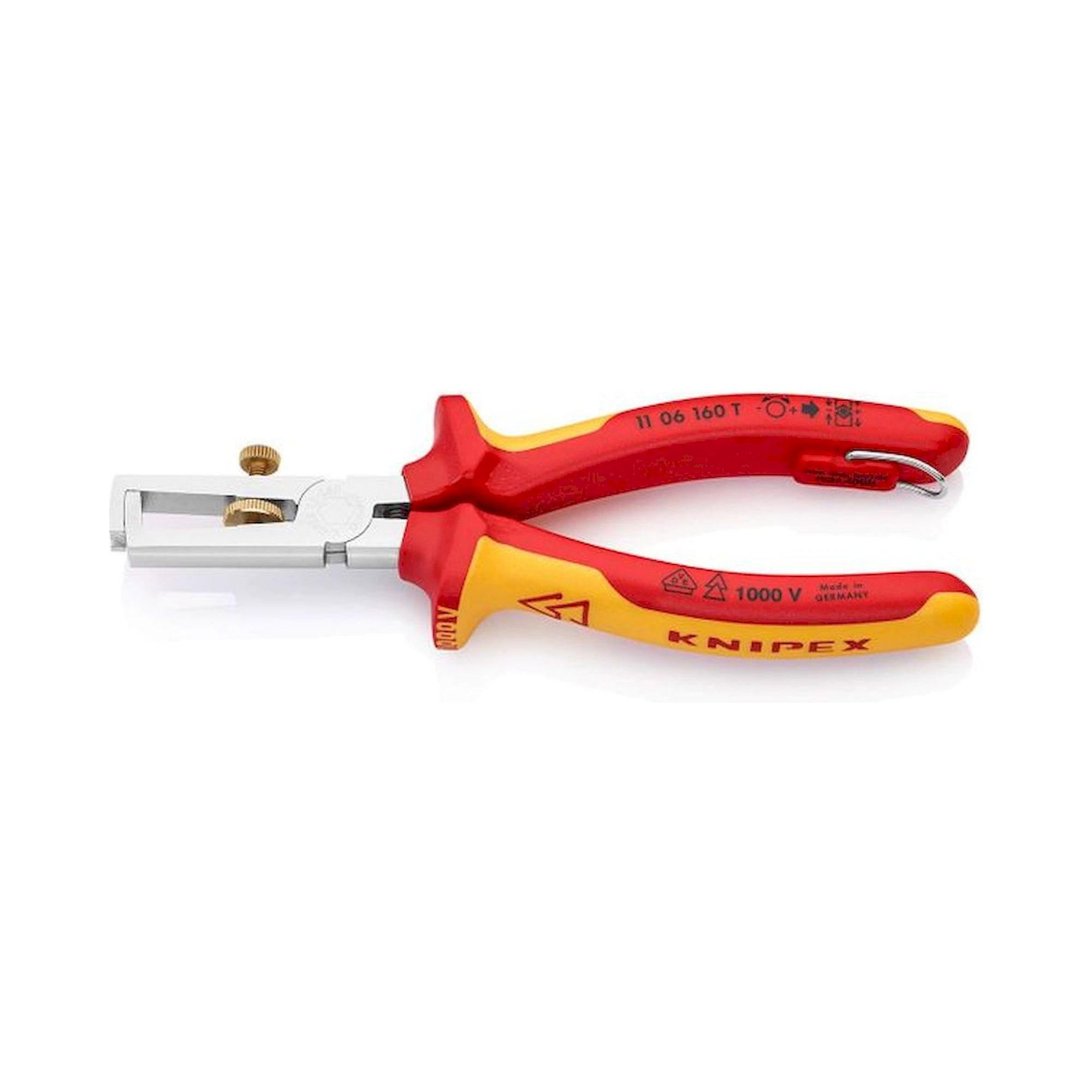 Knipex 11 06 160 T. Stripping pliers with opening spring, chrome-plated, insulated, fixing eyelet, 160 mm