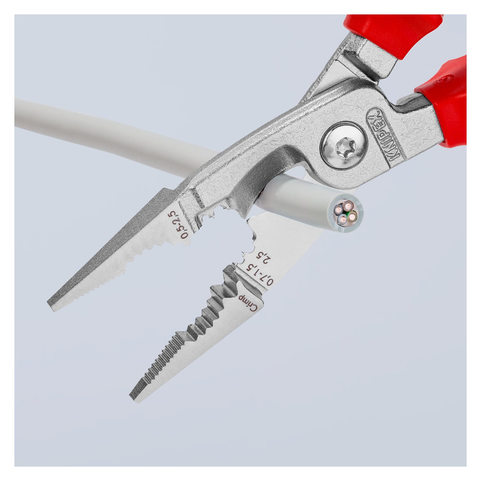 Elektro-Installationszange VDE 1000 V mit 6 Funktionen, Kabelschnitt bis Ø 15 mm, 200 mm