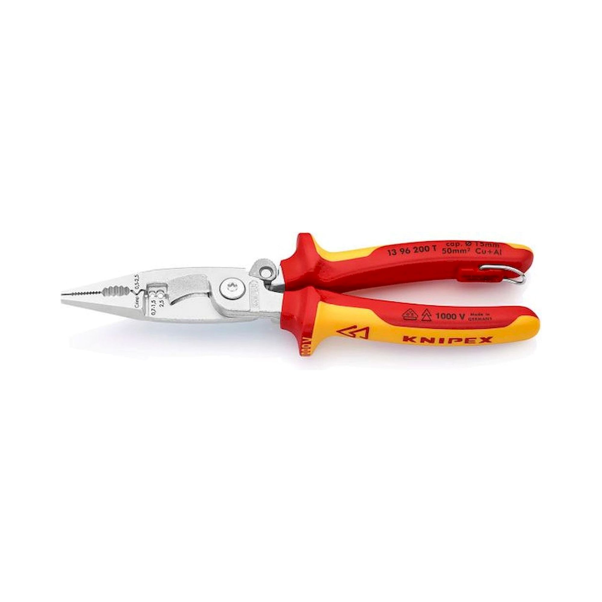Knipex 13 96 200 T. Electrical installation pliers, chrome-plated, insulated, fixing lug, 200 mm
