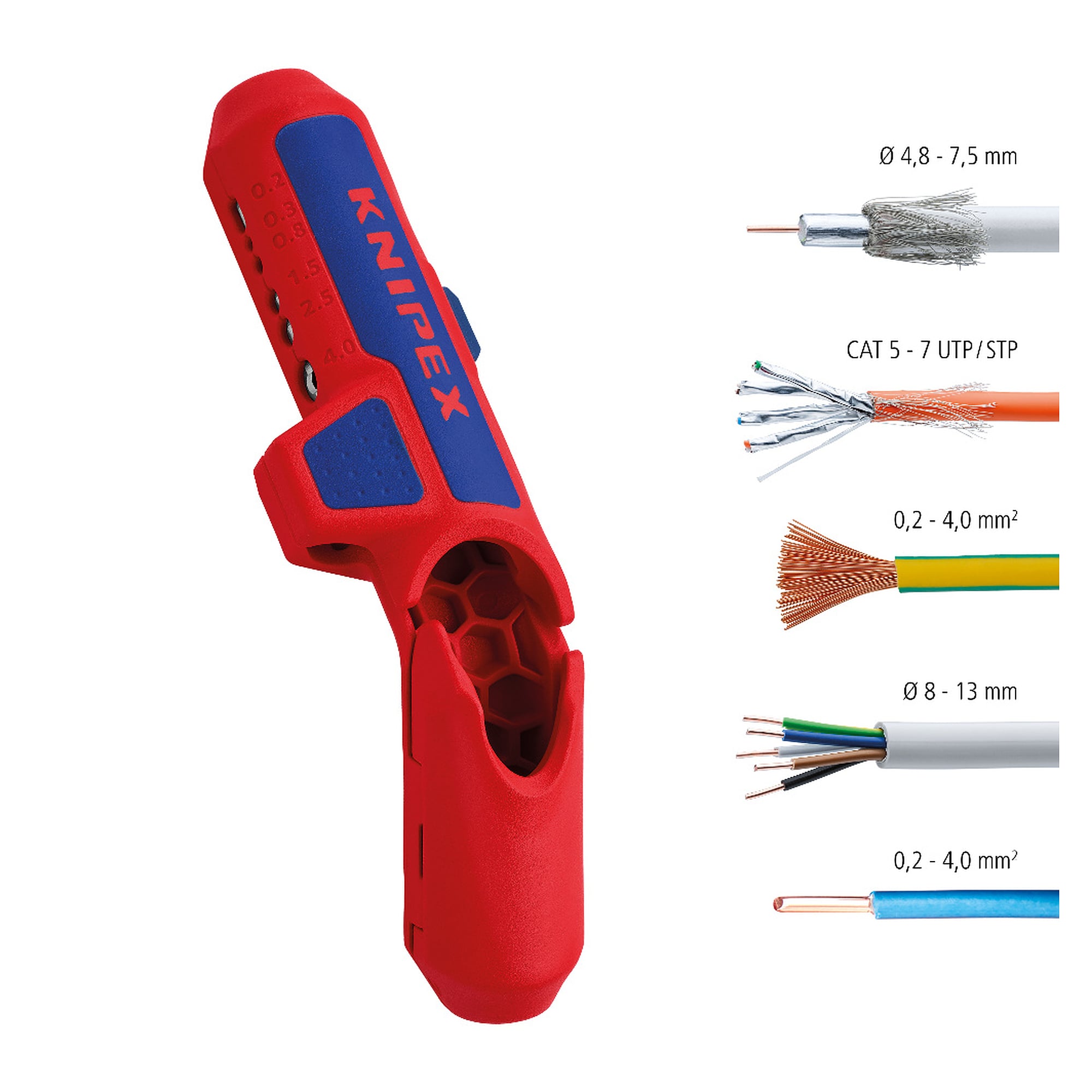 ErgoStrip universal stripping tool for right-handed use, round, data and coax cables, 135 mm