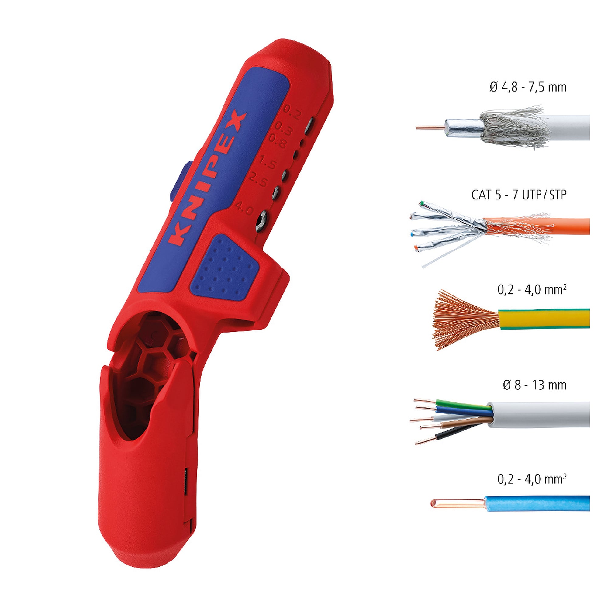ErgoStrip universal stripping tool for left-handers, round, data and coax cable, 135 mm