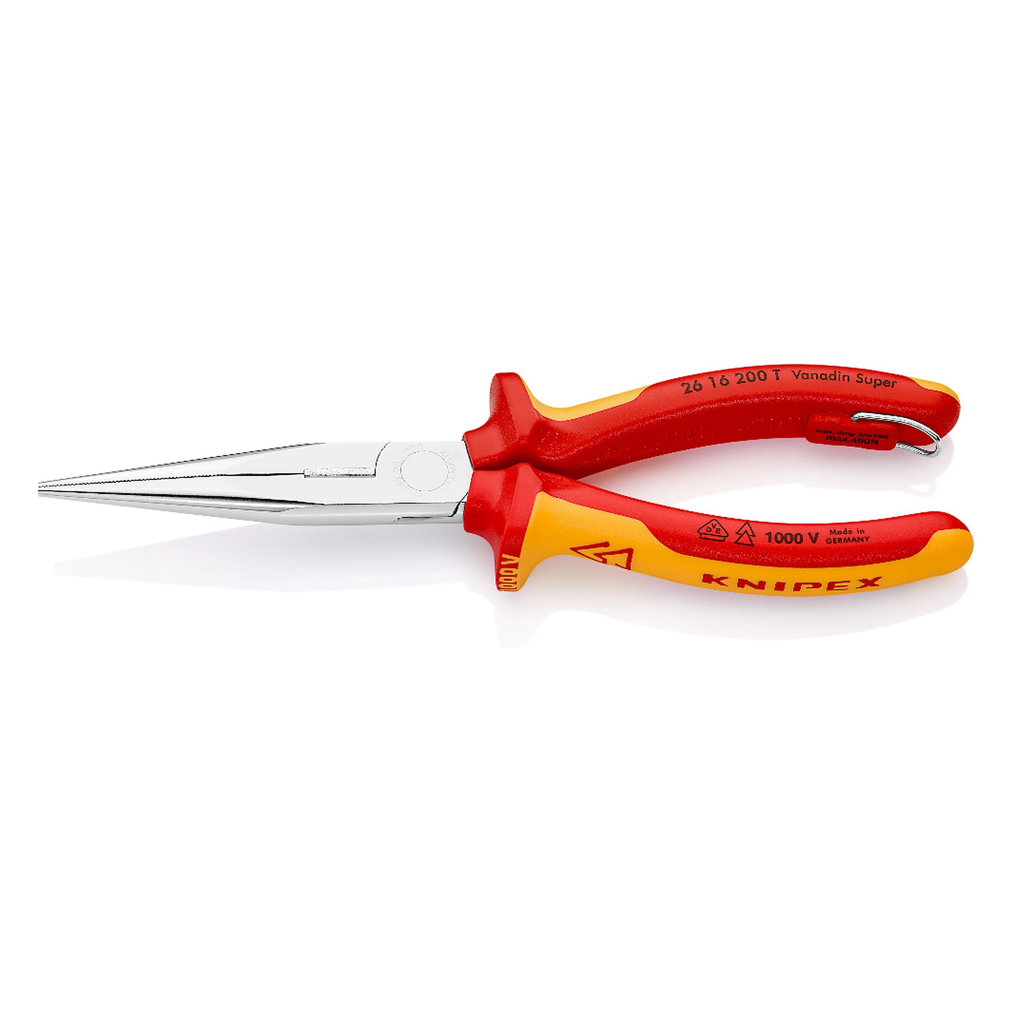 Snipe nose side cutting pliers (stork beak pliers), VDE insulated, tether point, 200 mm