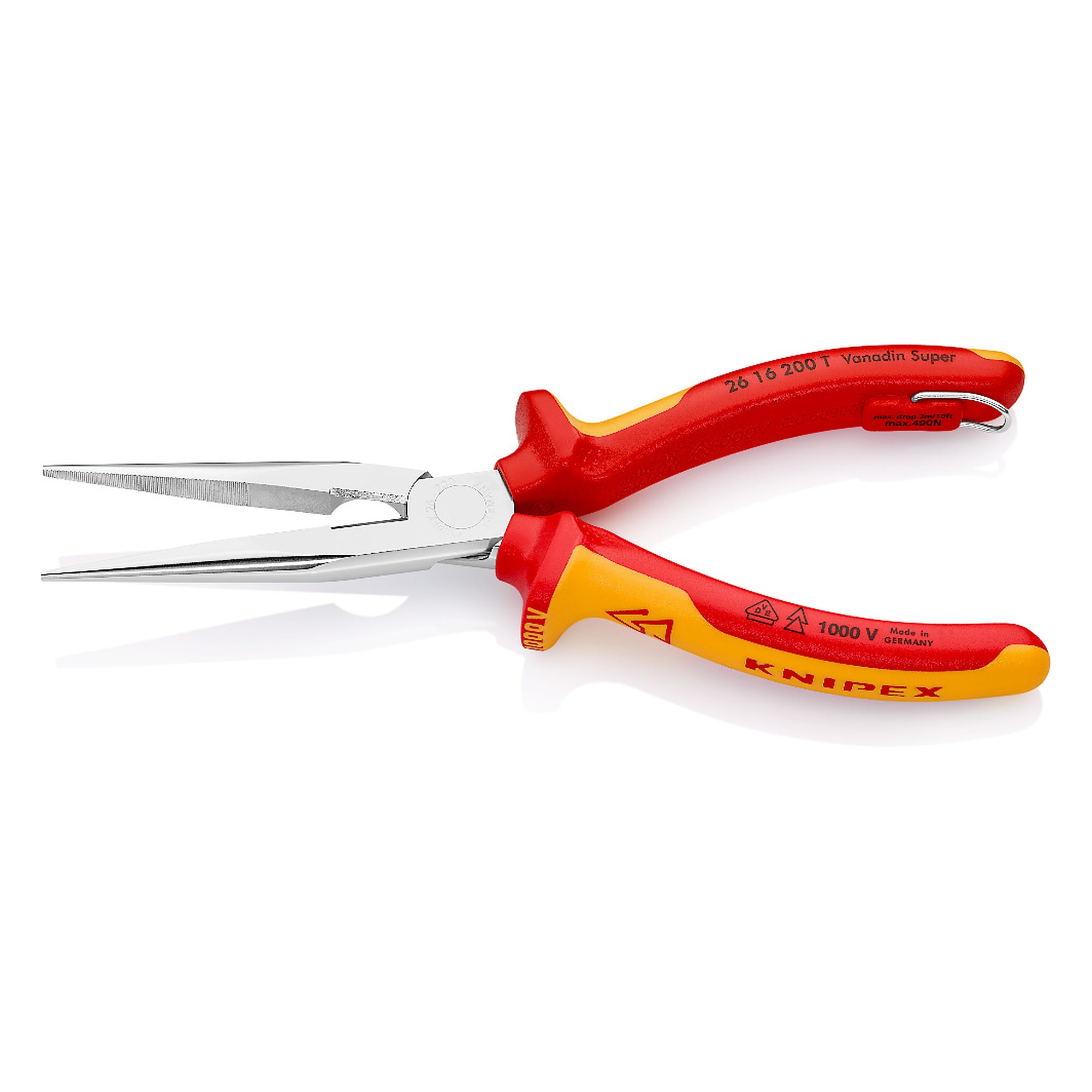 Snipe nose side cutting pliers (stork beak pliers), VDE insulated, tether point, 200 mm