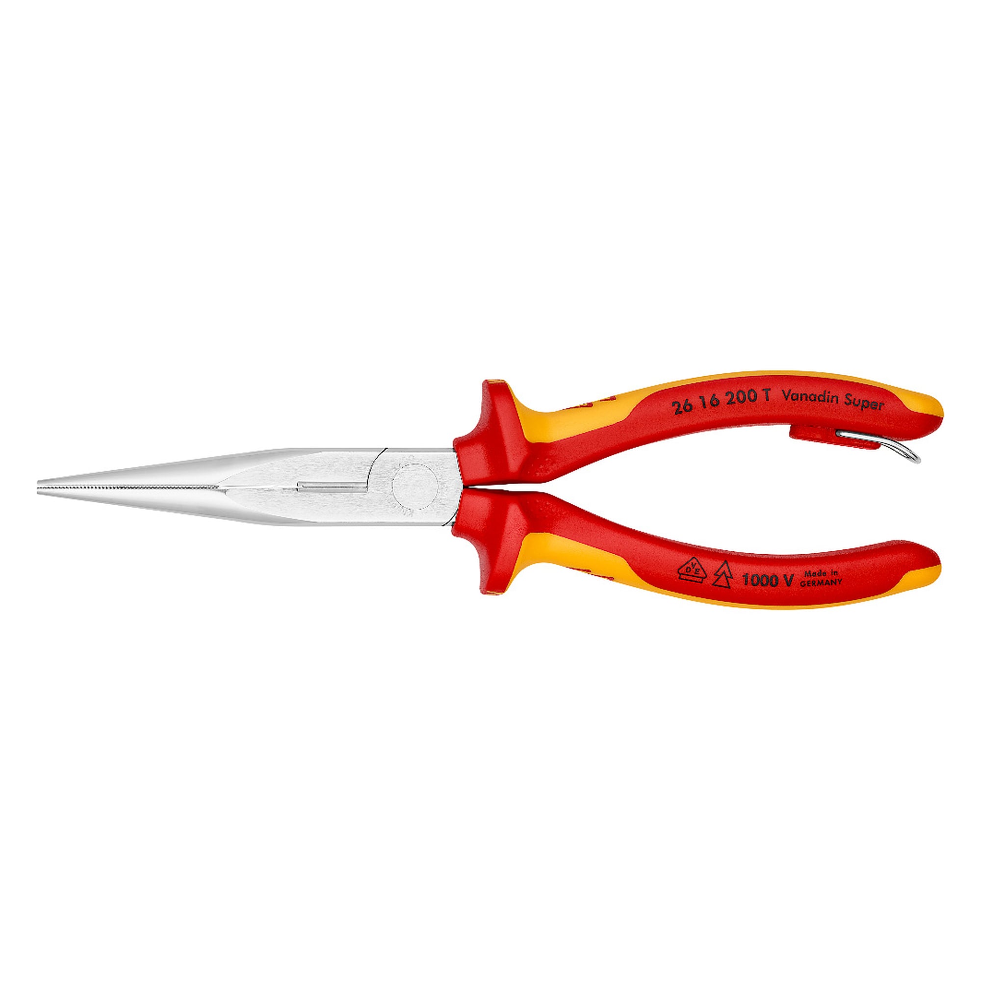 Snipe nose side cutting pliers (stork beak pliers), VDE insulated, tether point, 200 mm