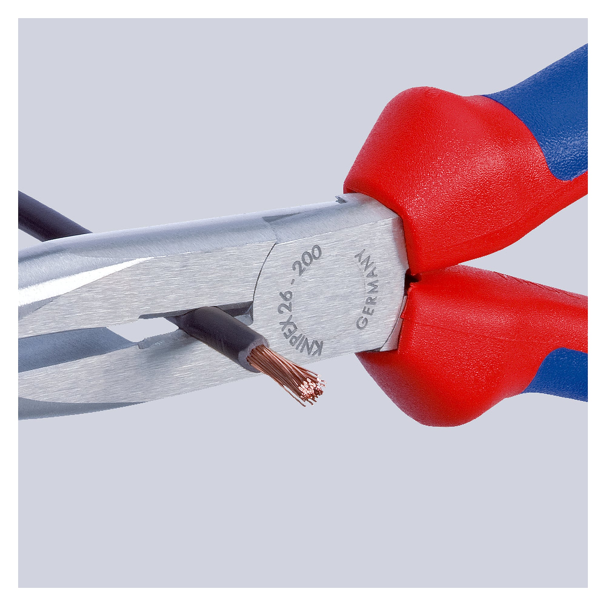 Pince à becs demi-ronds avec tranchant (pince bec de cigogne), noire atramentée, préhension 23 mm, 200 mm