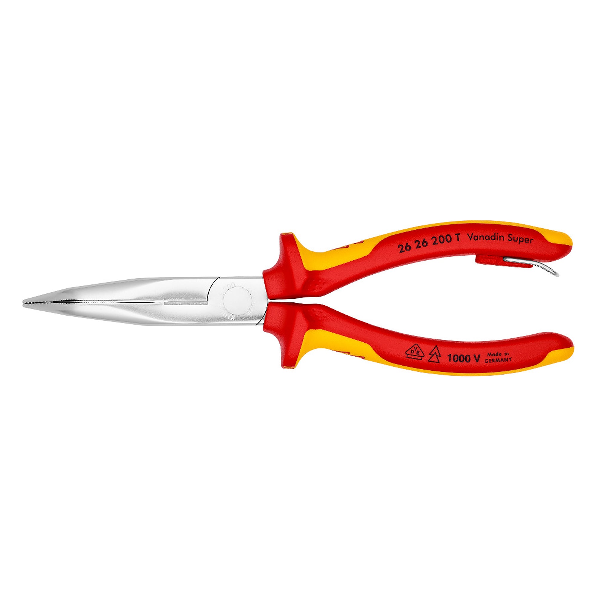 Pince à becs demi-ronds avec tranchant (pince bec de cigogne), isolée VDE, œillet d'attache, 200 mm