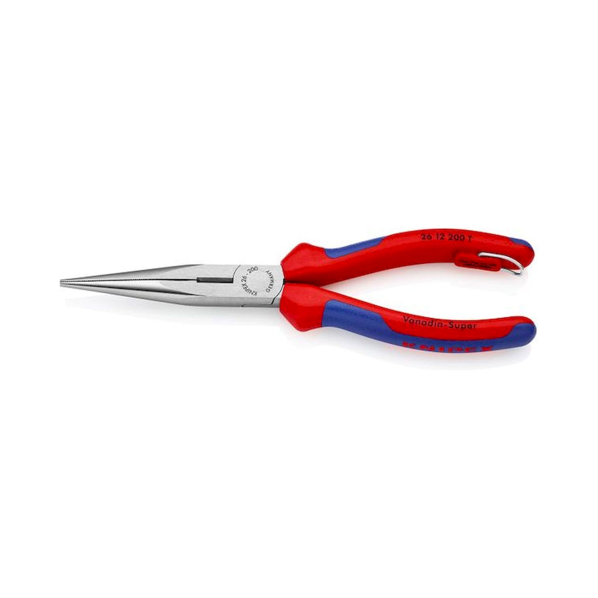 Knipex 26 12 200 T. Needle nose pliers with cutting edge (cranesbill pliers), black atramentized, fastening eyelet, 200 mm
