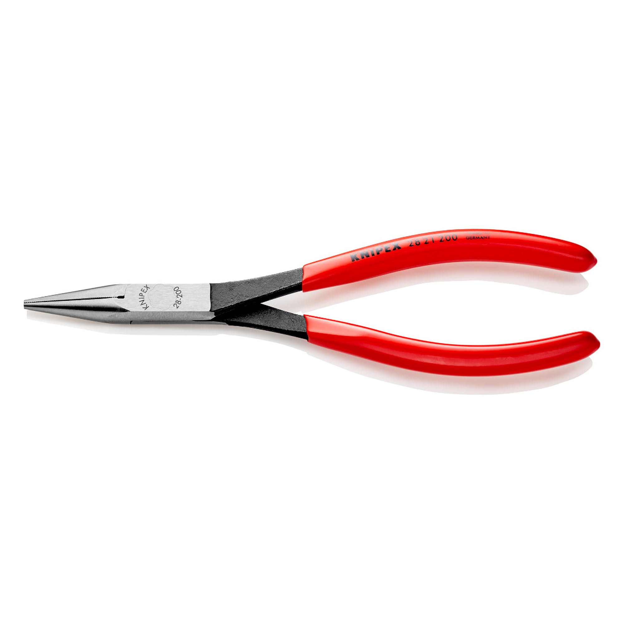Long reach needle nose pliers with slim tips, knurled, black atramentized, 200 mm