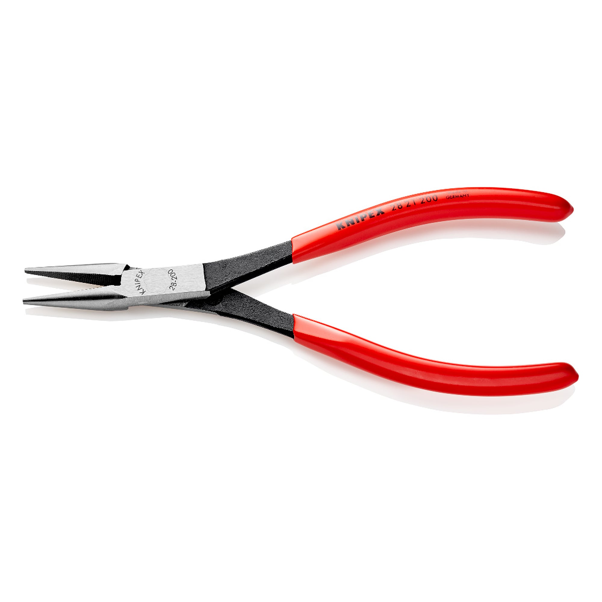 Long reach needle nose pliers with slim tips, knurled, black atramentized, 200 mm