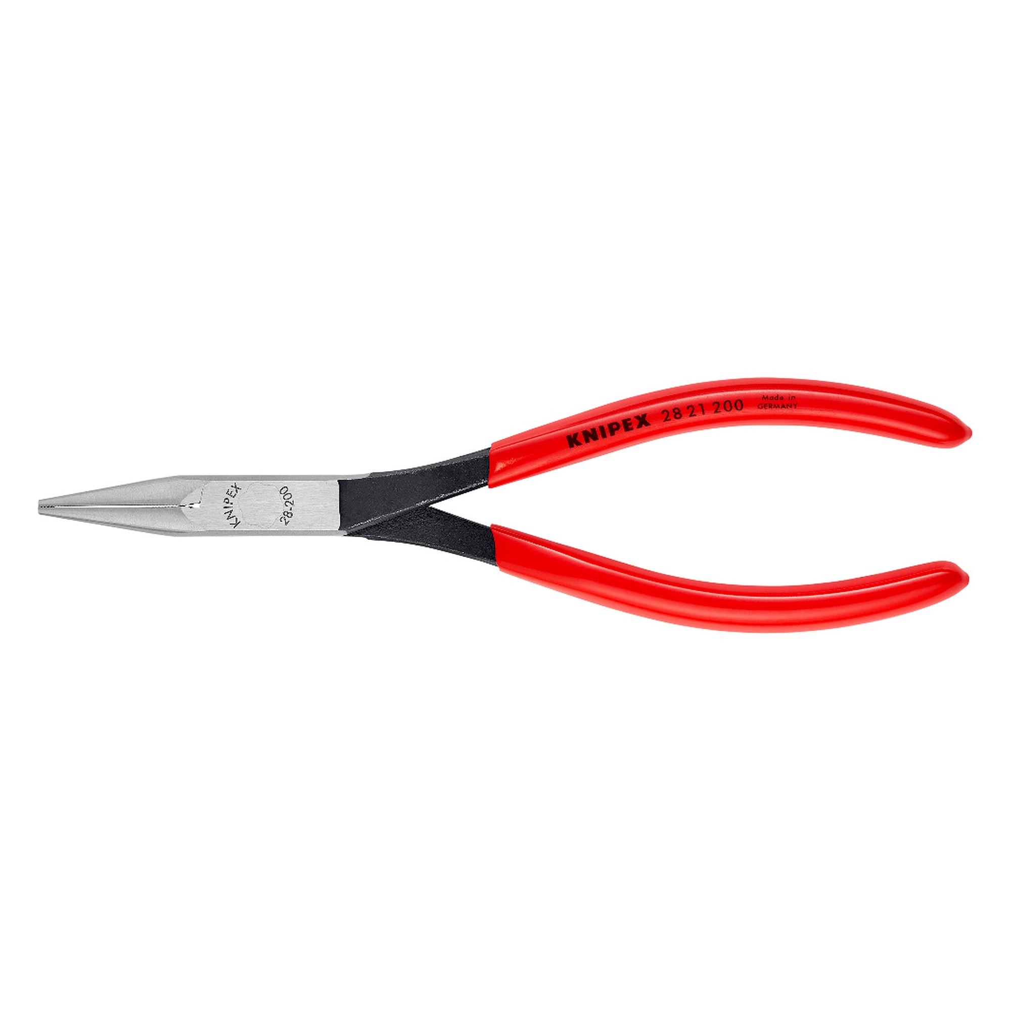 Long reach needle nose pliers with slim tips, knurled, black atramentized, 200 mm