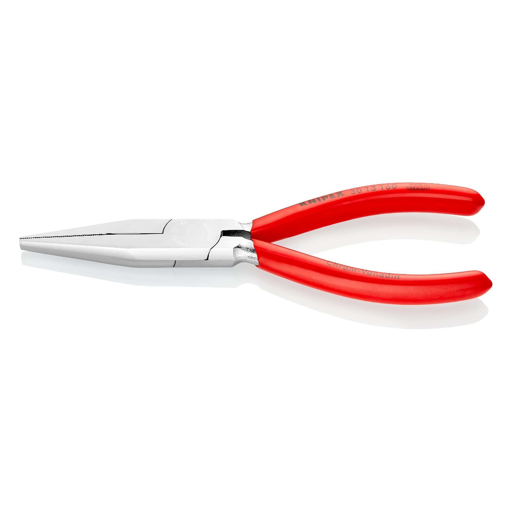 Long nose pliers chrome-plated, jaws 46.5 mm, tip 3.0 mm wide, length 160 mm
