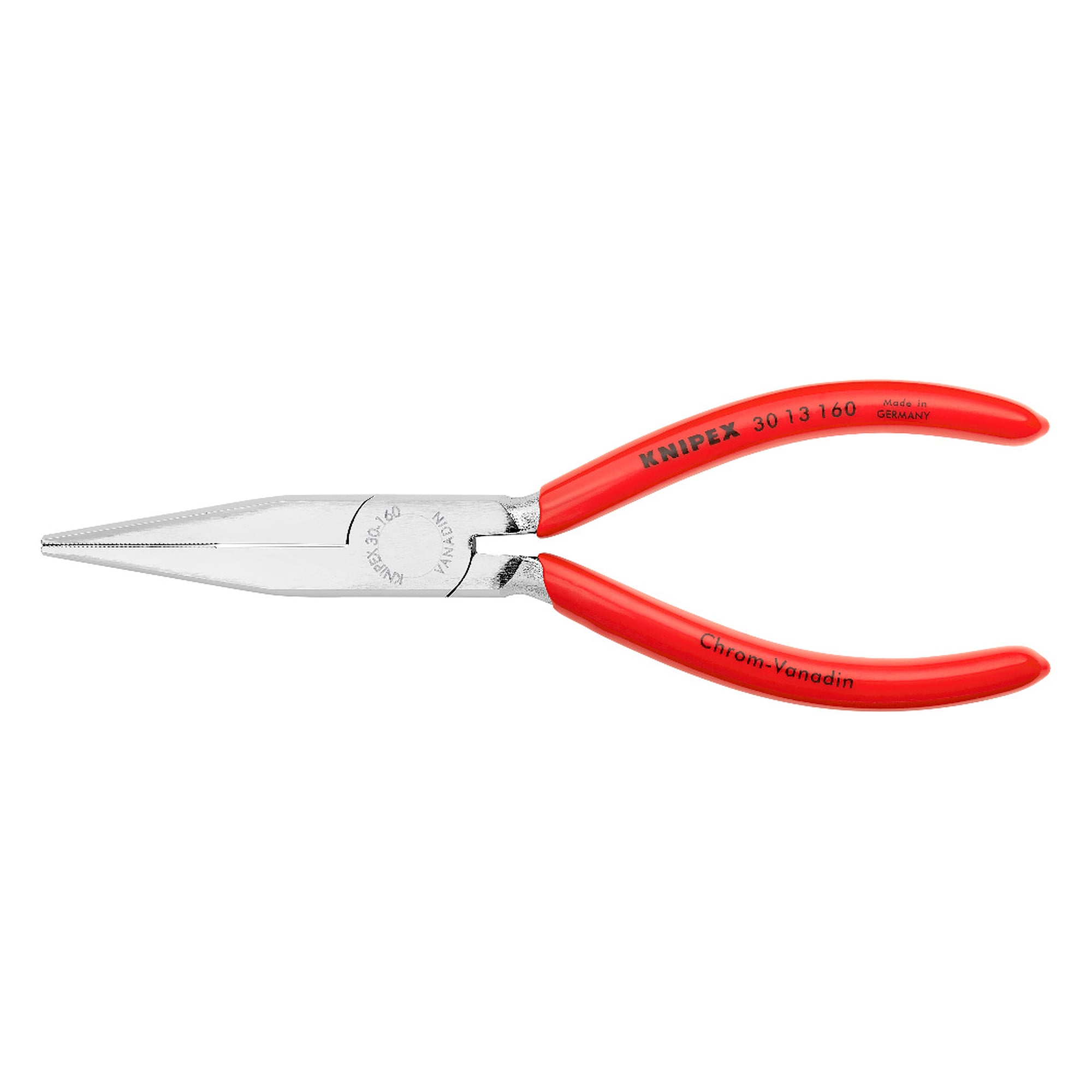 Long nose pliers chrome-plated, jaws 46.5 mm, tip 3.0 mm wide, length 160 mm