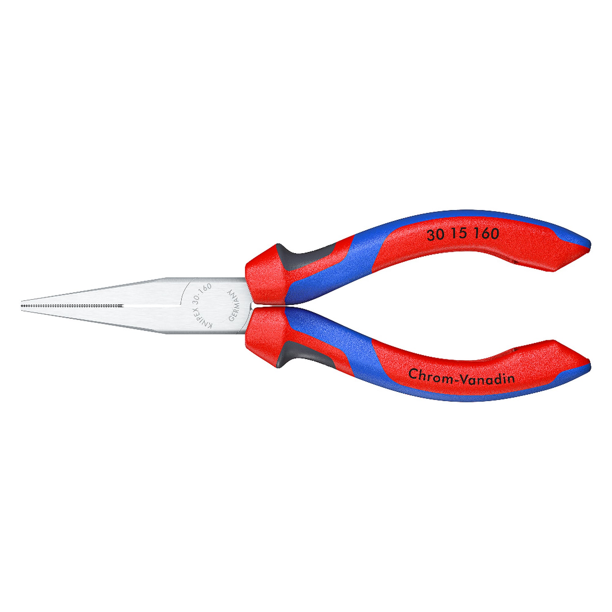 Long nose pliers chrome-plated with comfort handles, jaws 46.5 mm, length 160 mm