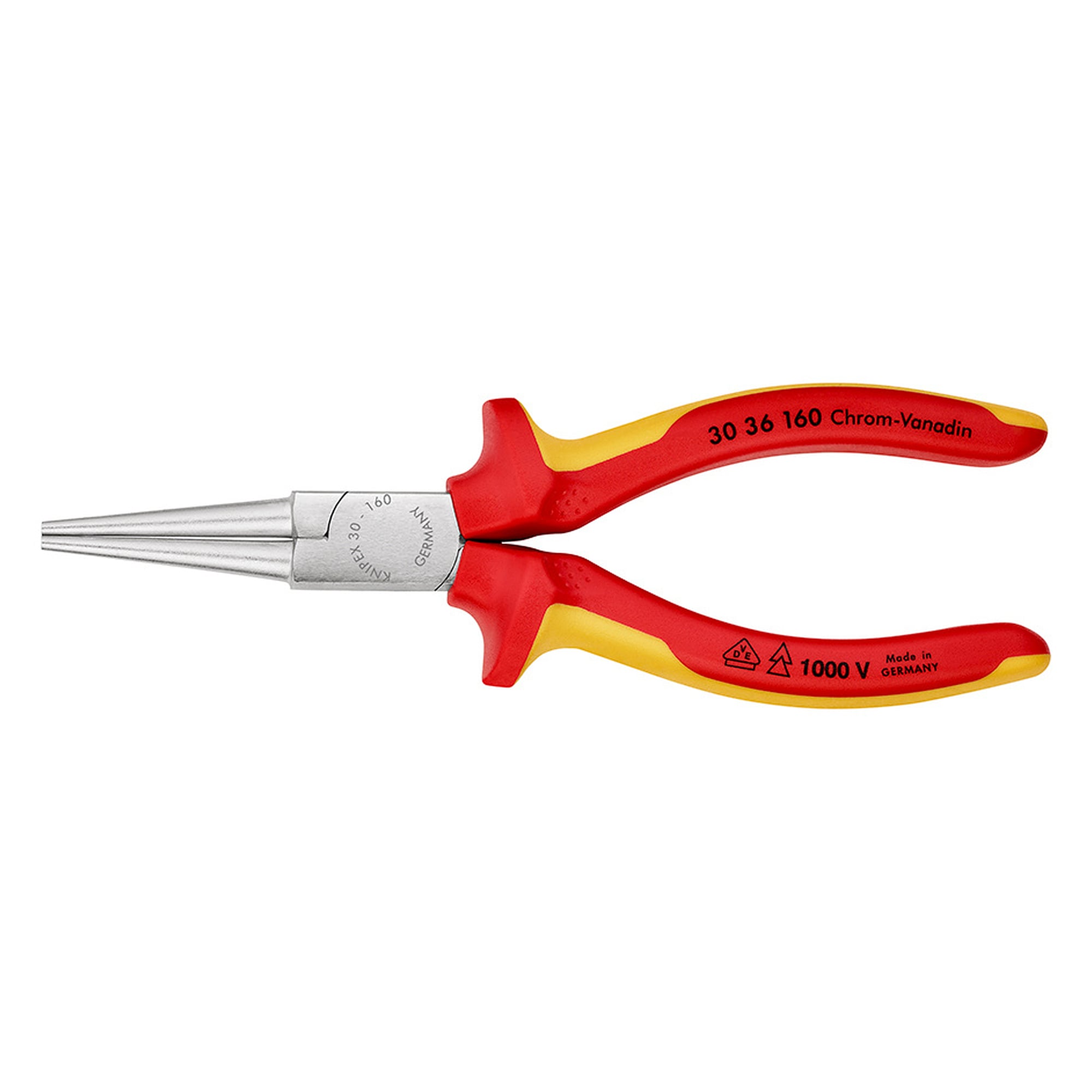 Pince à becs longs chromée, poignées isolées VDE, becs 41 mm, longueur 160 mm