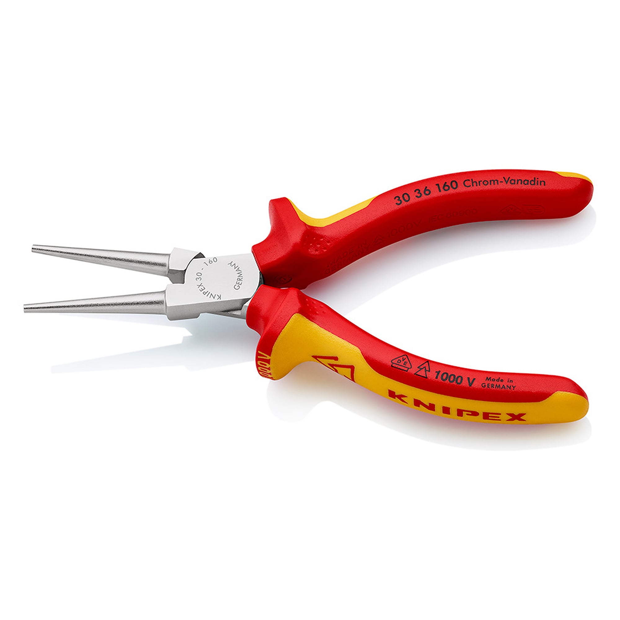 Pince à becs longs chromée, poignées isolées VDE, becs 41 mm, longueur 160 mm