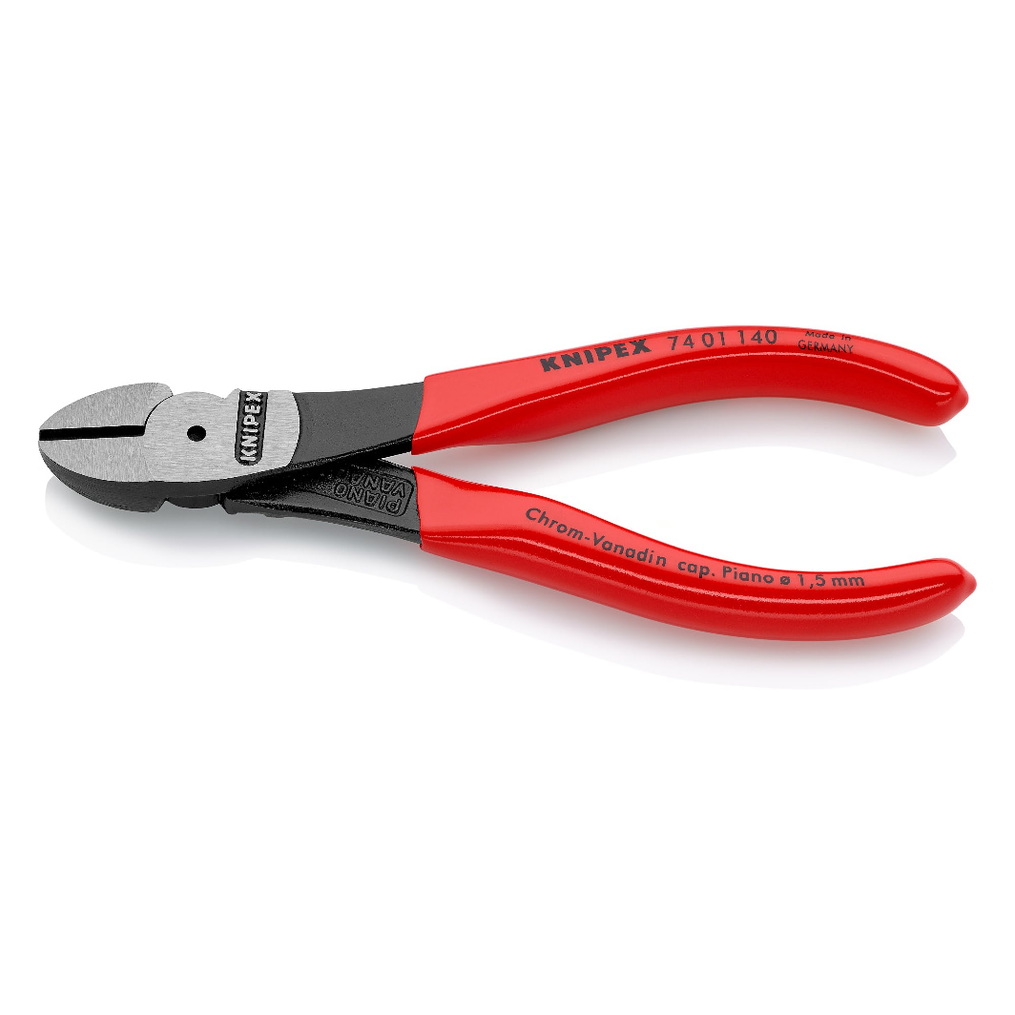 High leverage diagonal cutter with plastic coated handles, piano wire up to Ø 1.5 mm, 140 mm