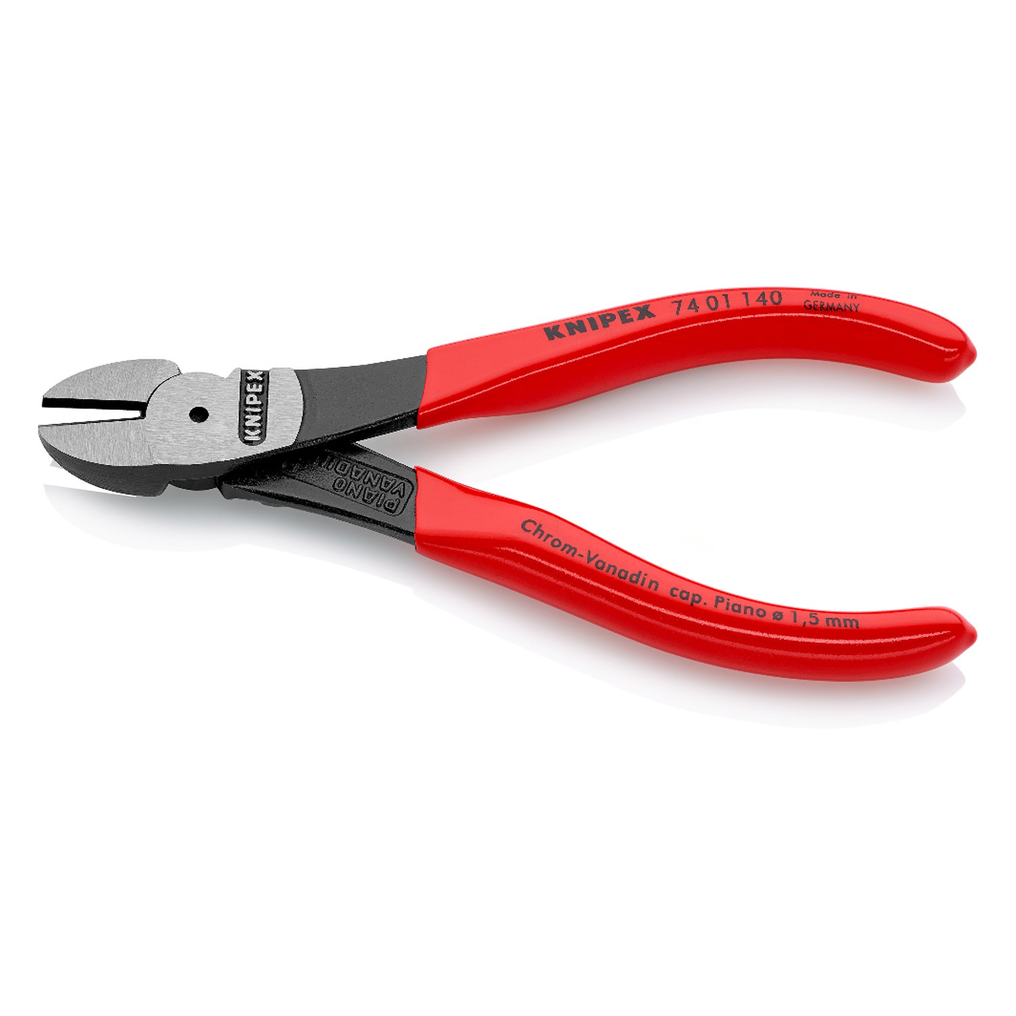 High leverage diagonal cutter with plastic coated handles, piano wire up to Ø 1.5 mm, 140 mm