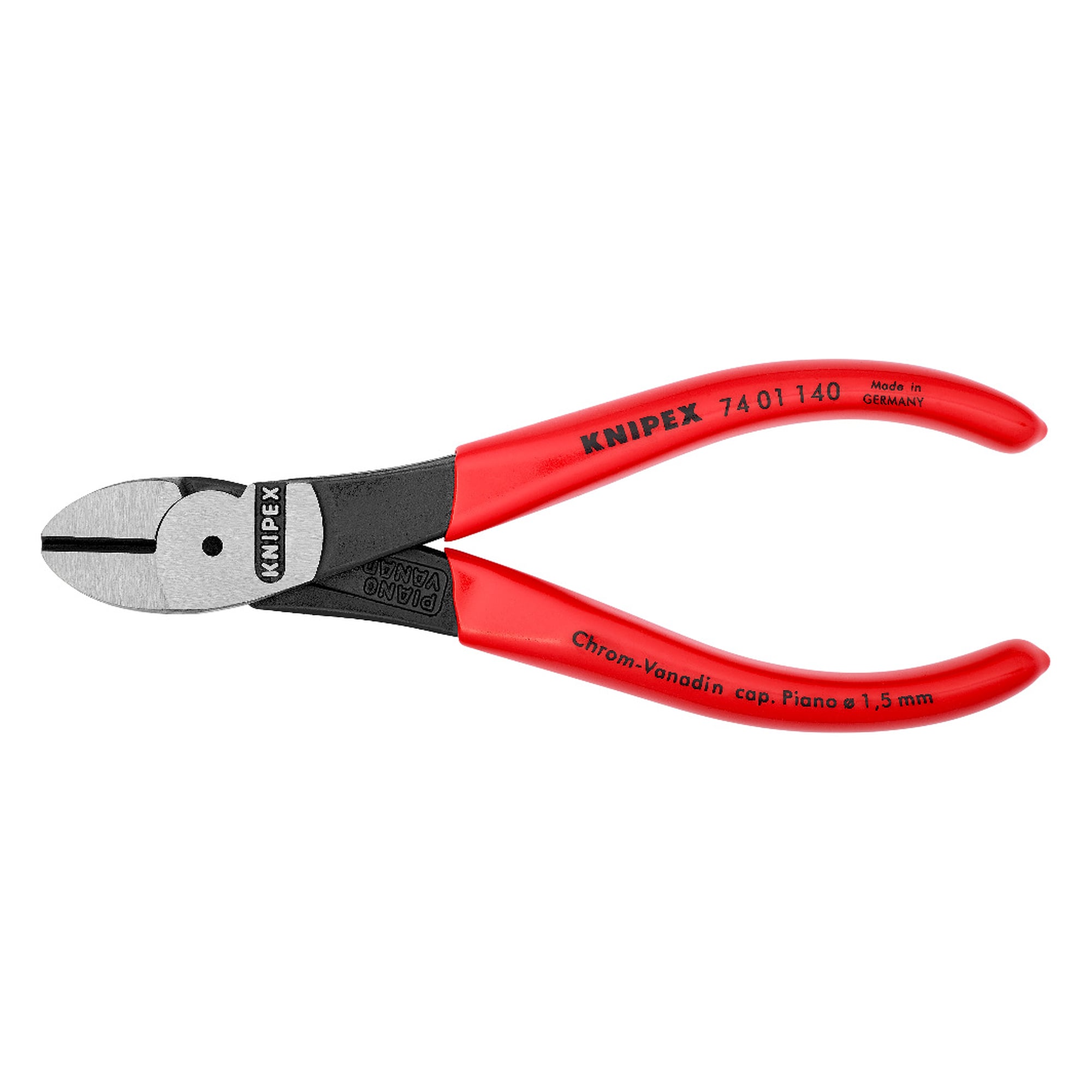 High leverage diagonal cutter with plastic coated handles, piano wire up to Ø 1.5 mm, 140 mm