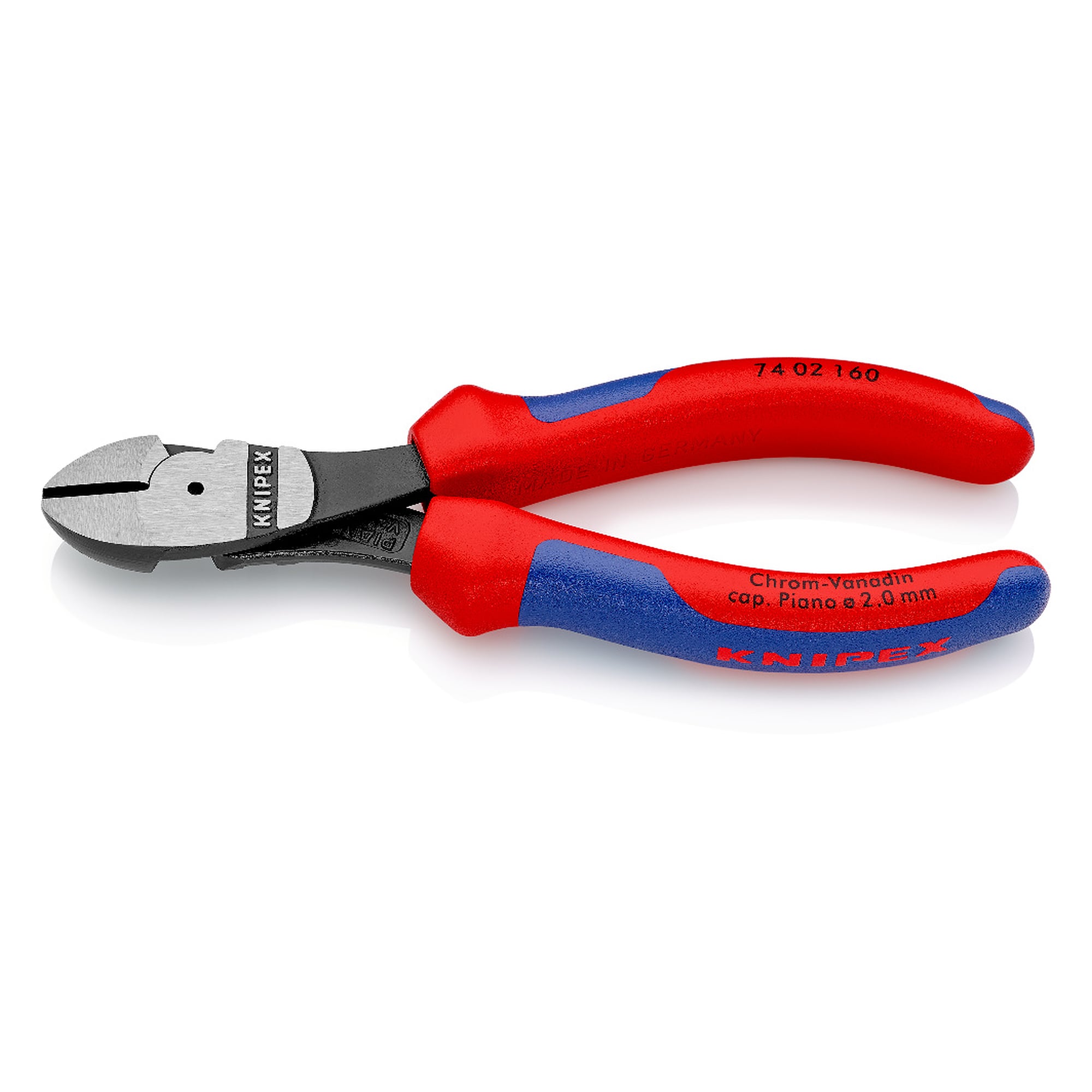 Pince coupante de côté à forte démultiplication, tranchants 64 HRC, fil dur Ø 2,5 mm, 160 mm