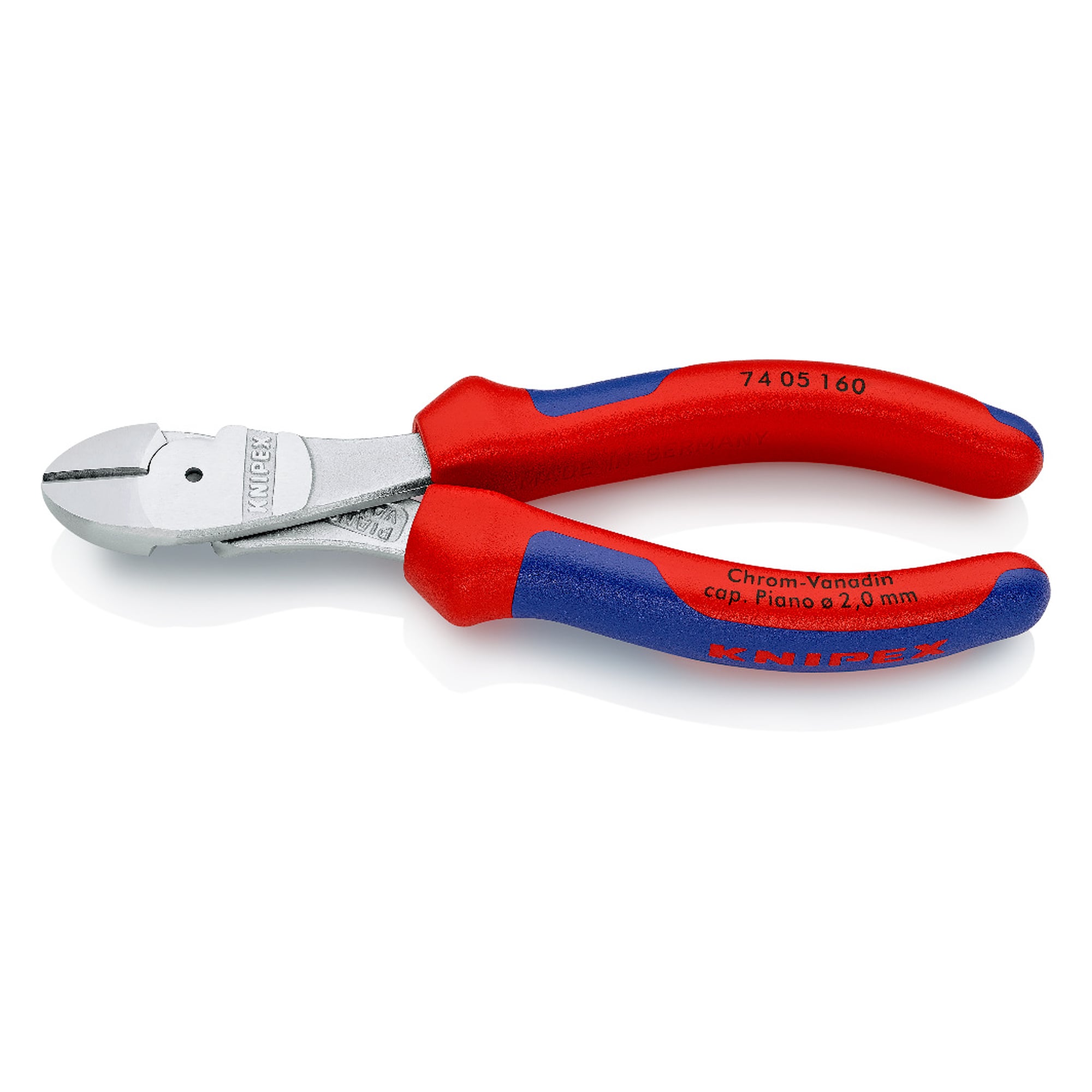 Pince coupante de côté à forte démultiplication chromée, tranchants 64 HRC, fil dur Ø 2,5 mm, 160 mm