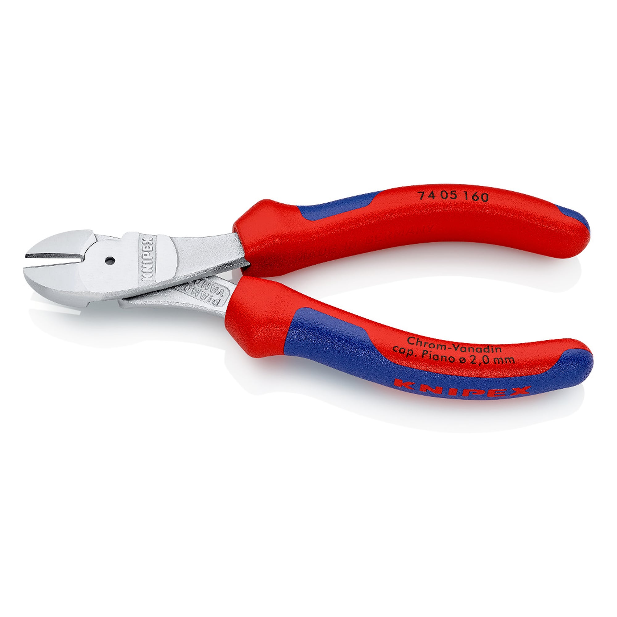 Pince coupante de côté à forte démultiplication chromée, tranchants 64 HRC, fil dur Ø 2,5 mm, 160 mm