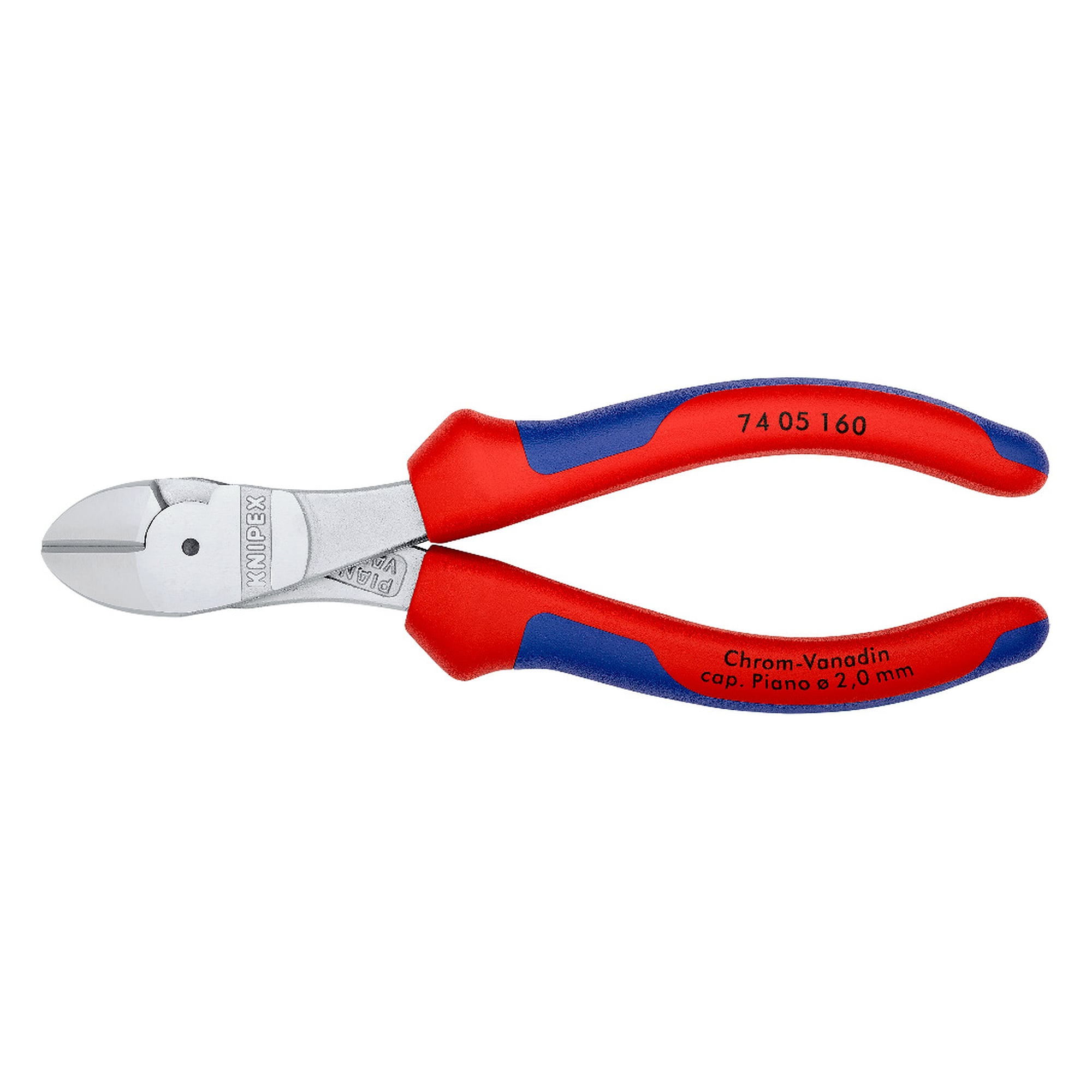 Pince coupante de côté à forte démultiplication chromée, tranchants 64 HRC, fil dur Ø 2,5 mm, 160 mm