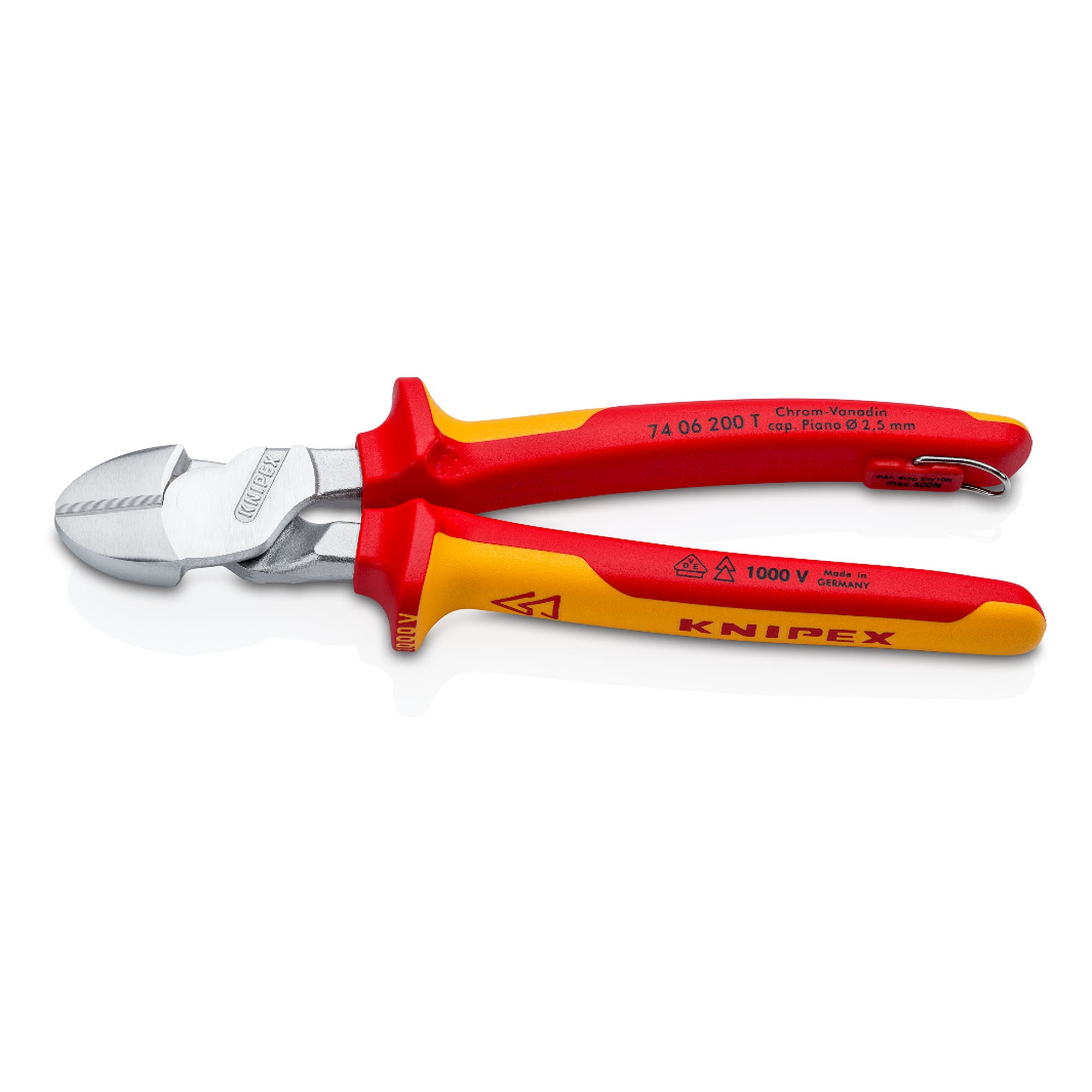 High leverage diagonal cutter insulated VDE with tether point, hard wire 3.0 mm dia., 200 mm
