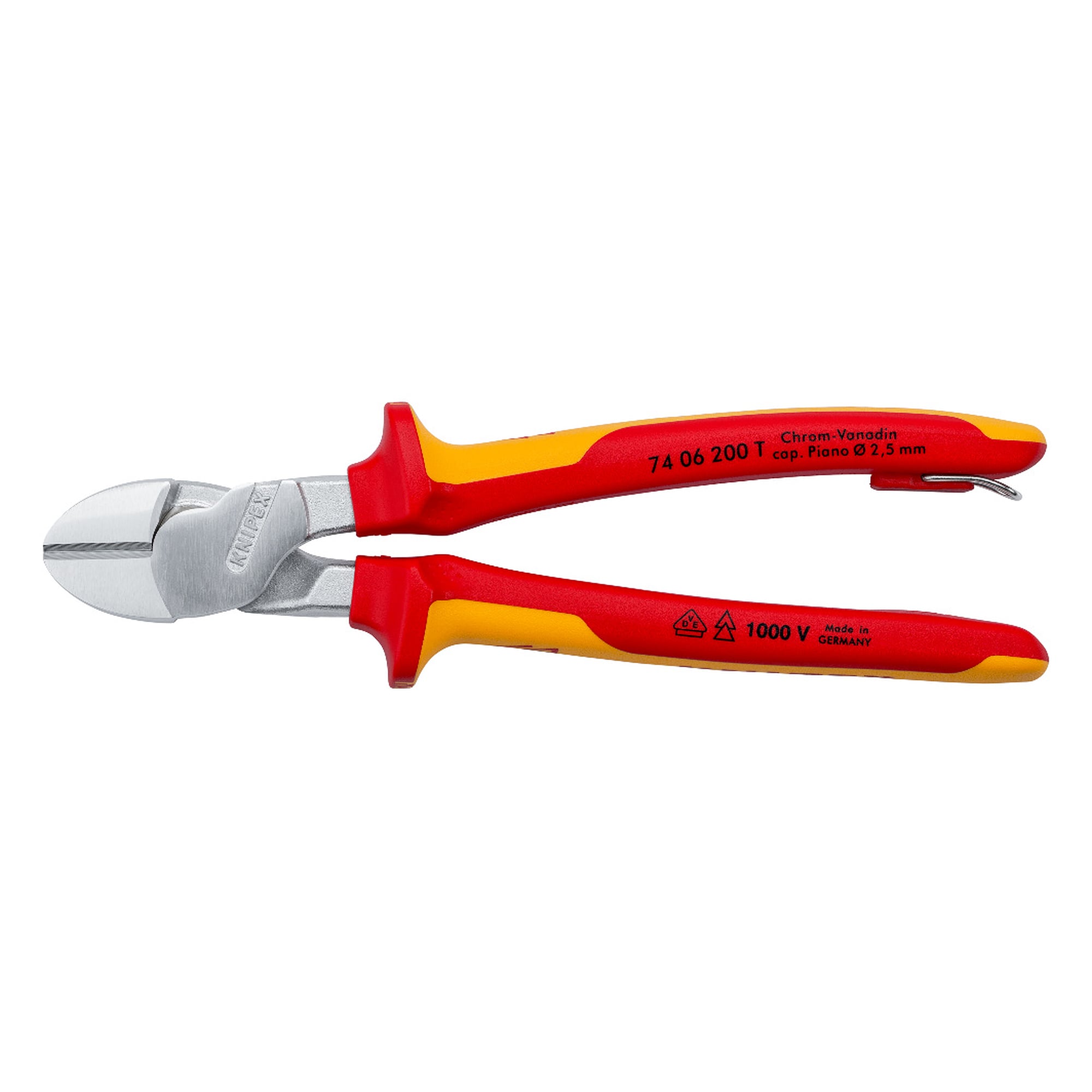 High leverage diagonal cutter insulated VDE with tether point, hard wire 3.0 mm dia., 200 mm