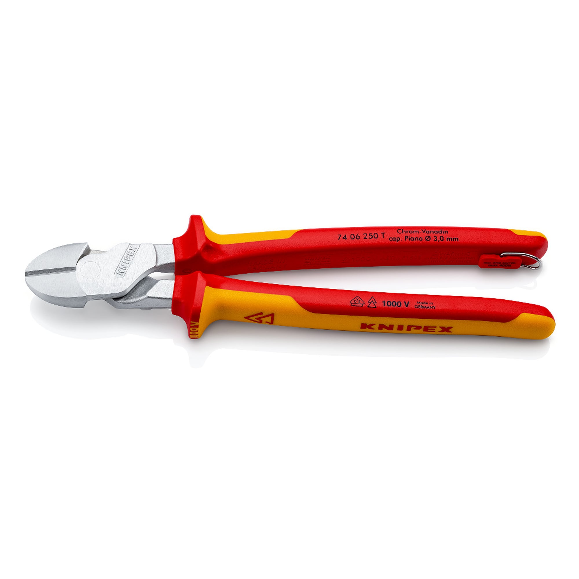 Pince coupante de côté isolée VDE avec œillet de fixation, fil dur Ø 3,5 mm, 250 mm