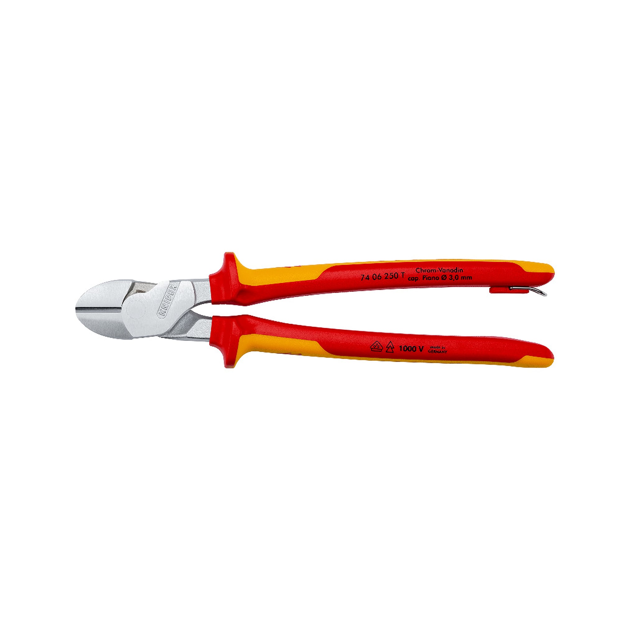 Pince coupante de côté isolée VDE avec œillet de fixation, fil dur Ø 3,5 mm, 250 mm