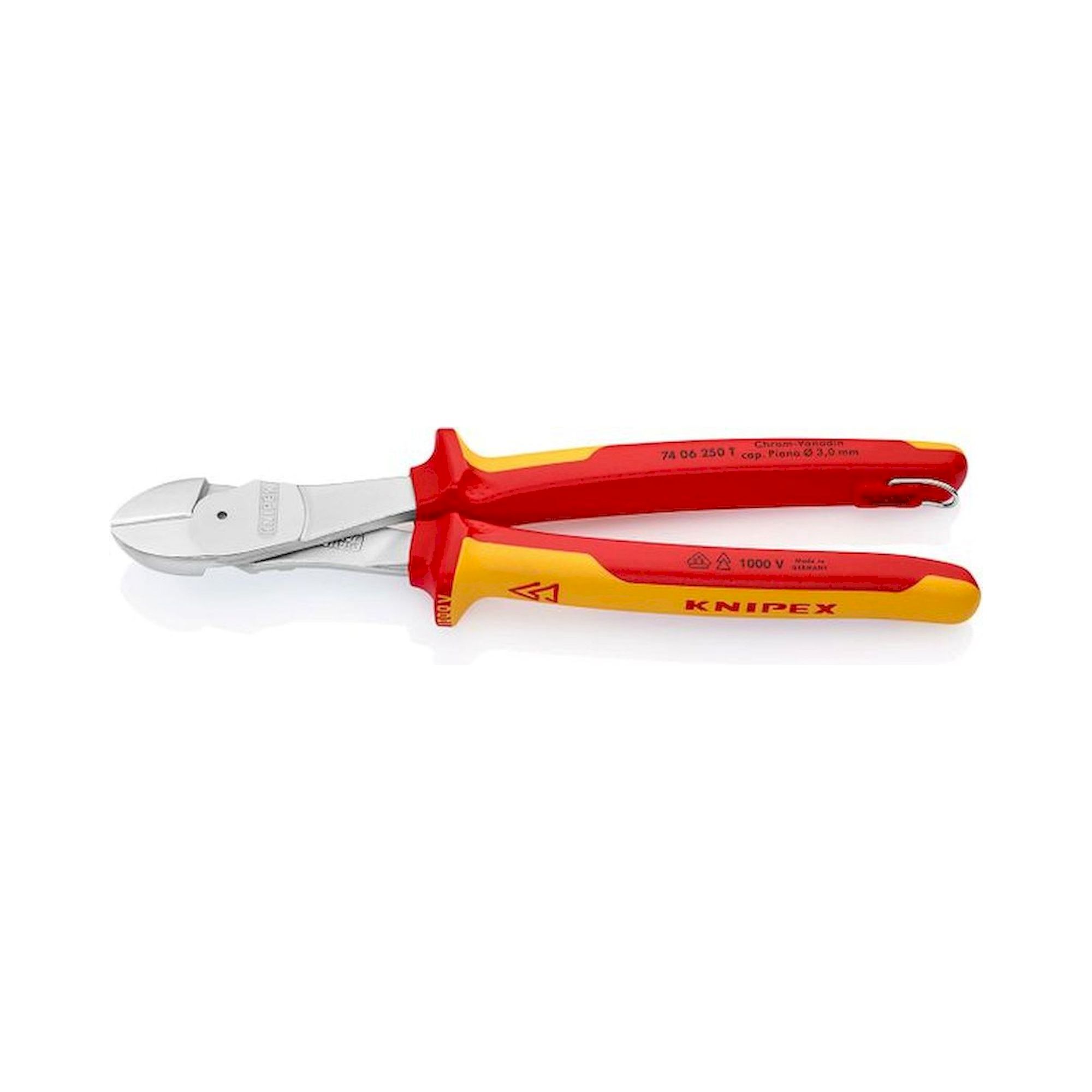 Knipex 74 06 250 T. Heavy-duty side cutter, chrome-plated, insulated, fastening eyelet, 250 mm