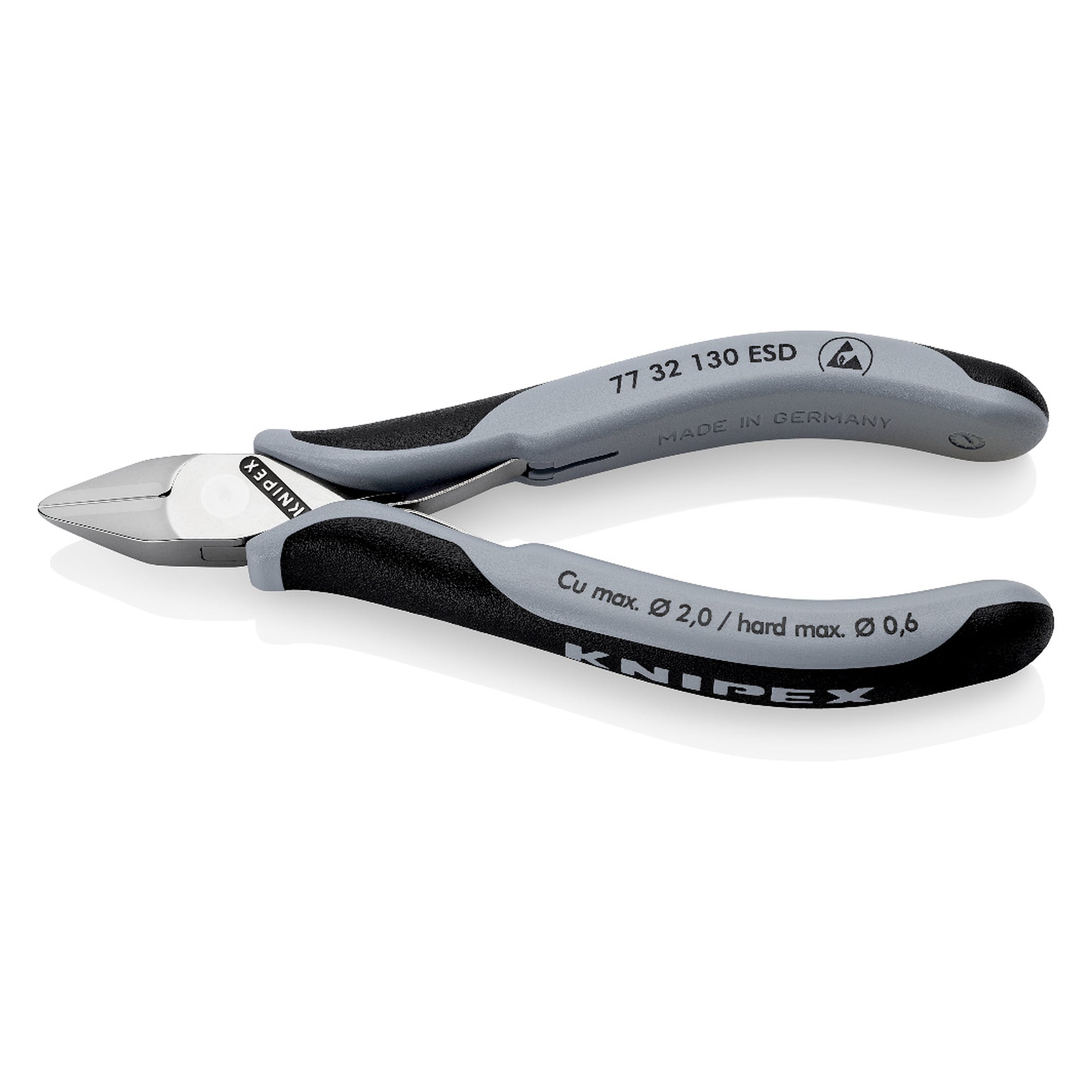ESD electronics diagonal cutter with pointed head and small bevel, 130 mm